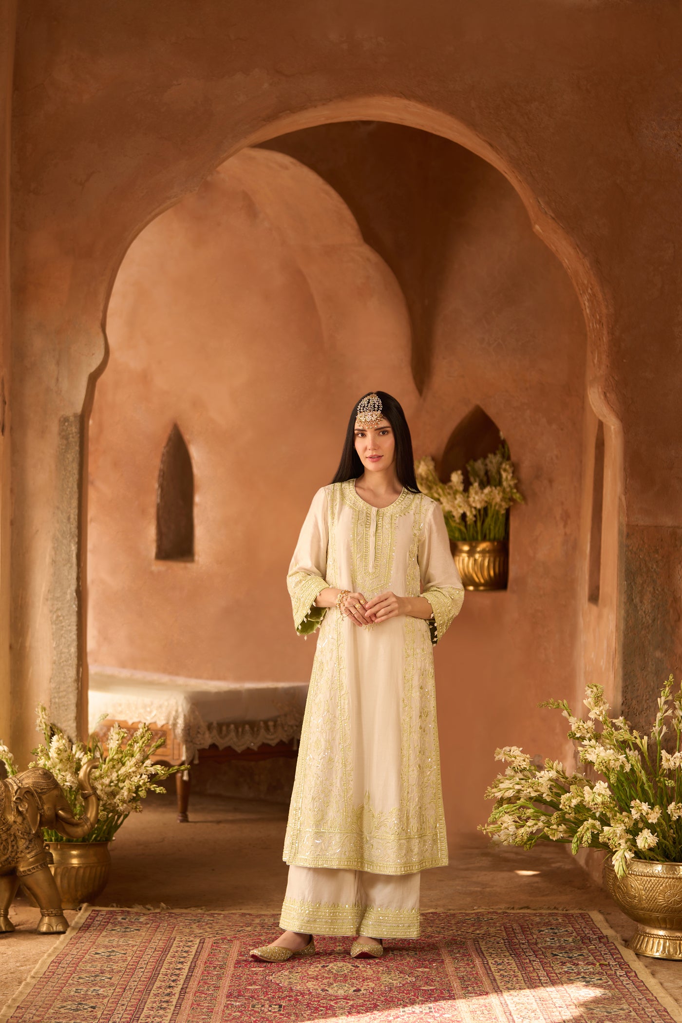 ENA - DAISY IVORY WITH MINT GREEN LONG A-LINE KURTA WITH PALAZZO AND DUPATTA (LXRTS)