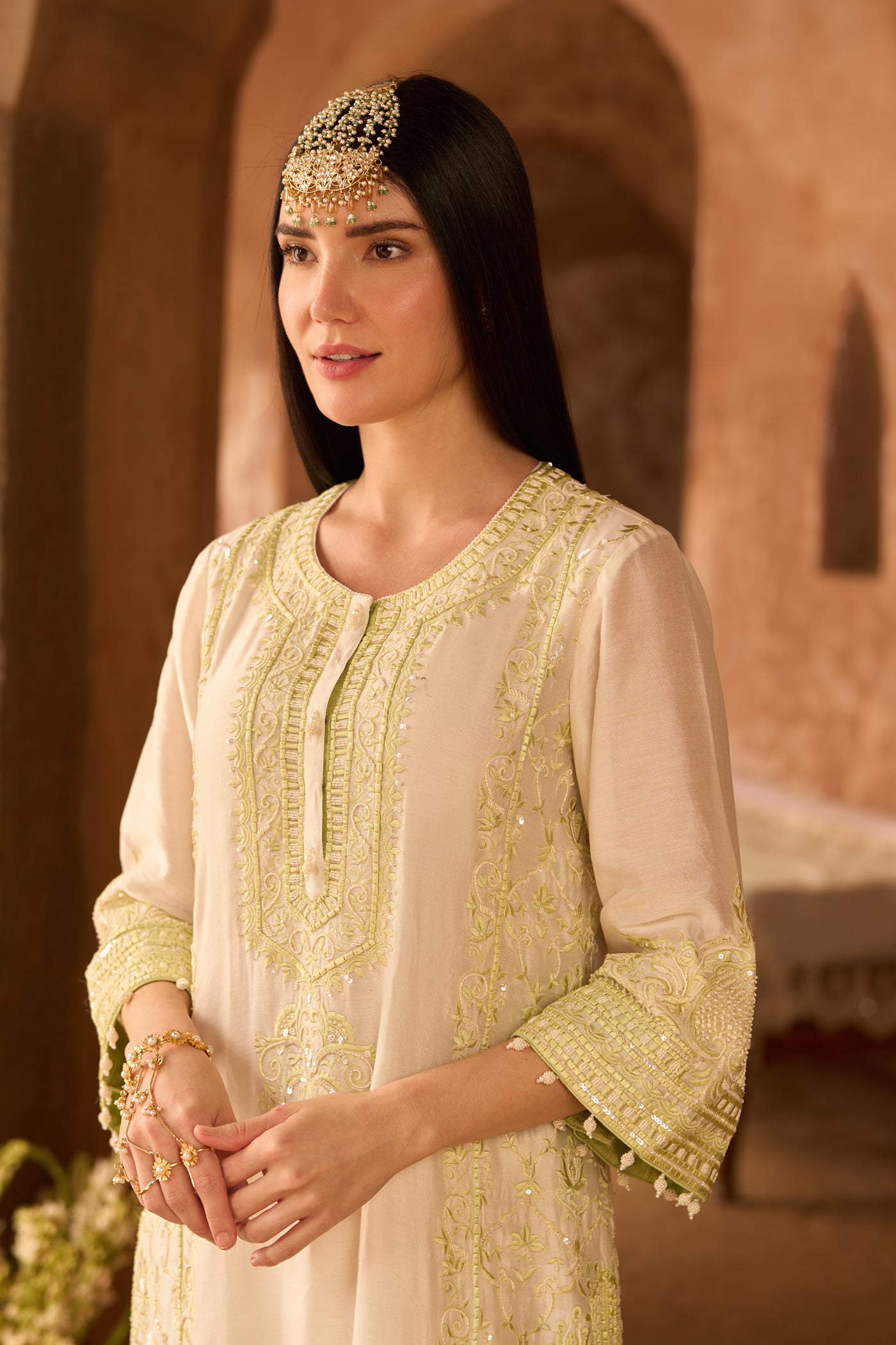 ENA - DAISY IVORY WITH MINT GREEN LONG A-LINE KURTA WITH PALAZZO AND DUPATTA