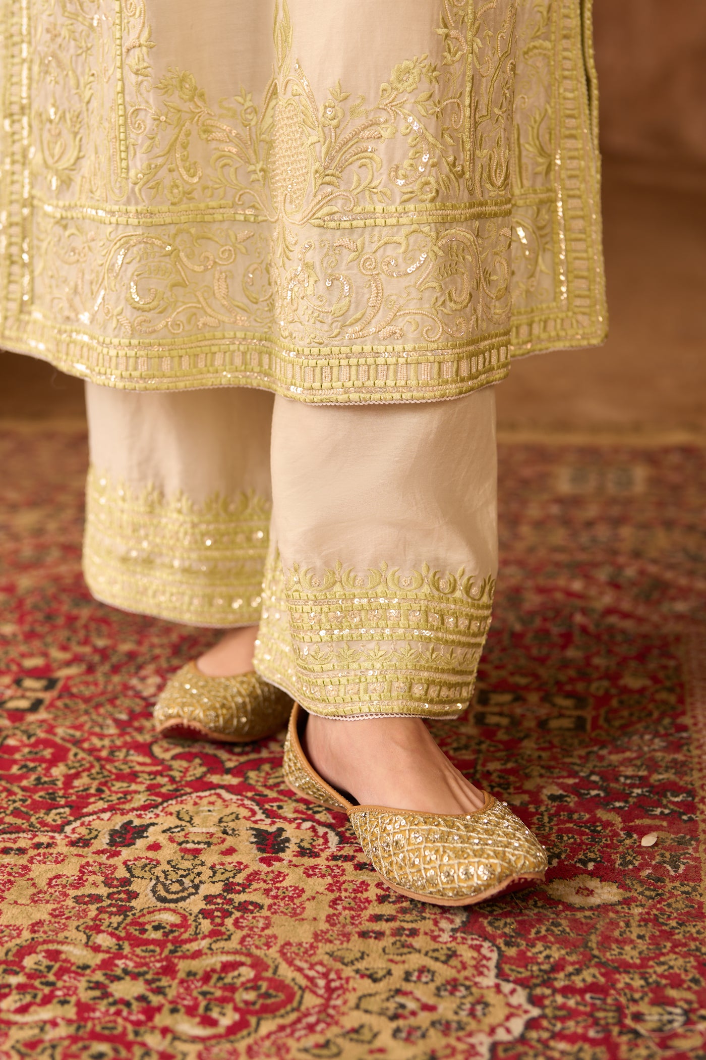 ENA - DAISY IVORY WITH MINT GREEN LONG A-LINE KURTA WITH PALAZZO AND DUPATTA