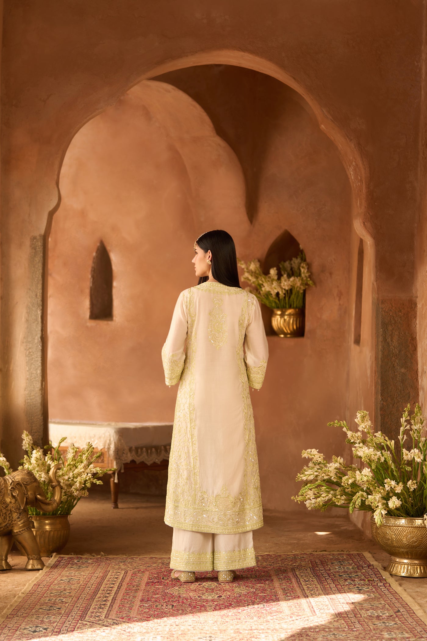 ENA - DAISY IVORY WITH MINT GREEN LONG A-LINE KURTA WITH PALAZZO AND DUPATTA