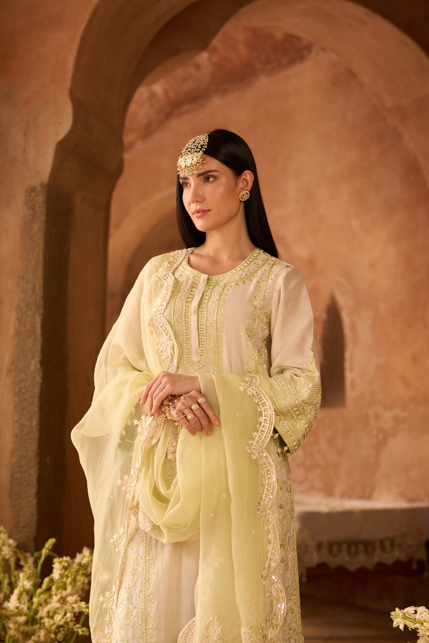 ENA - DAISY IVORY WITH MINT GREEN LONG A-LINE KURTA WITH PALAZZO AND DUPATTA (LXRTS)