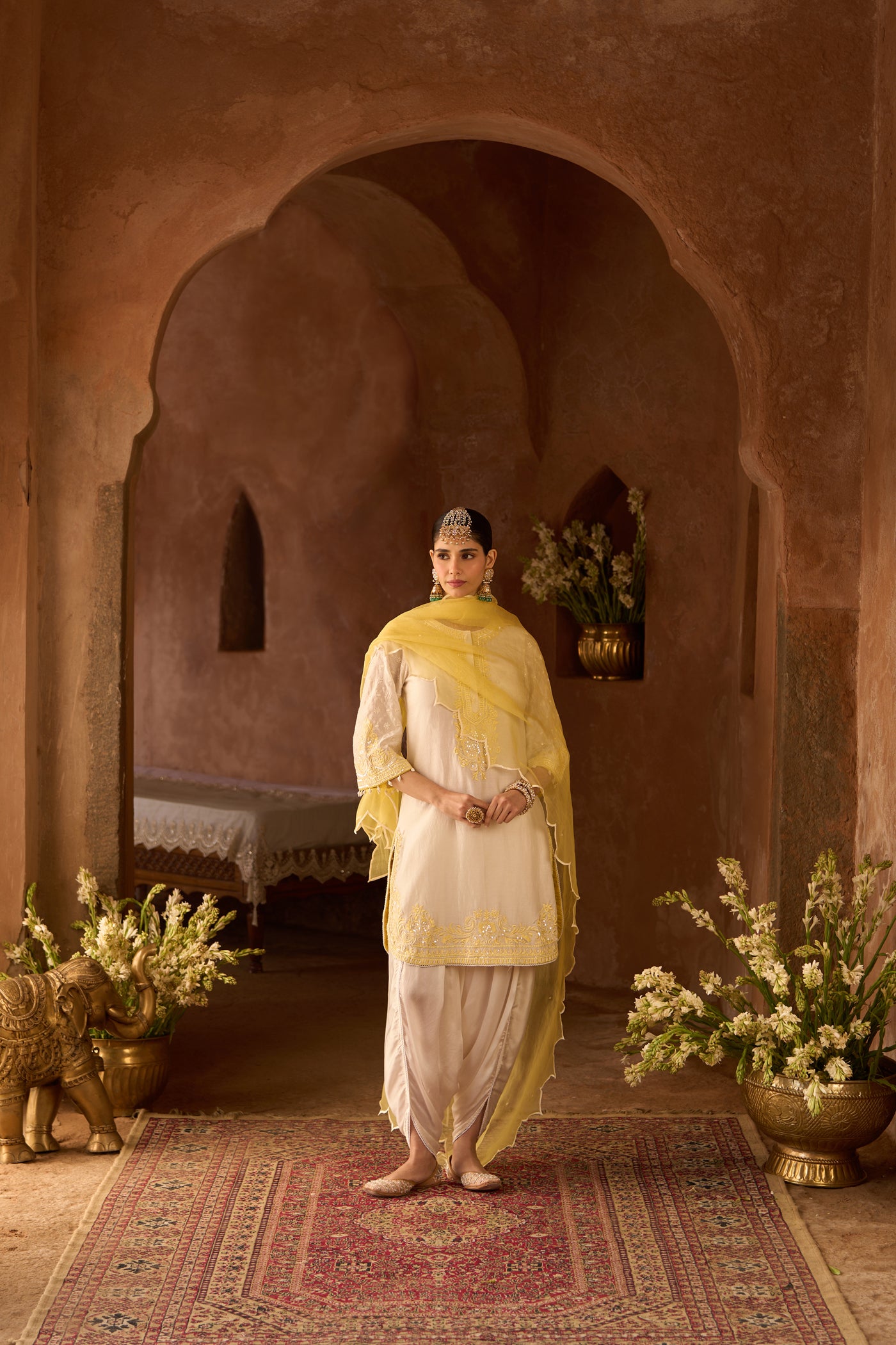 RUHI - DAISY IVORY WITH LEMON YELLOW SHORT KURTA AND DHOTI