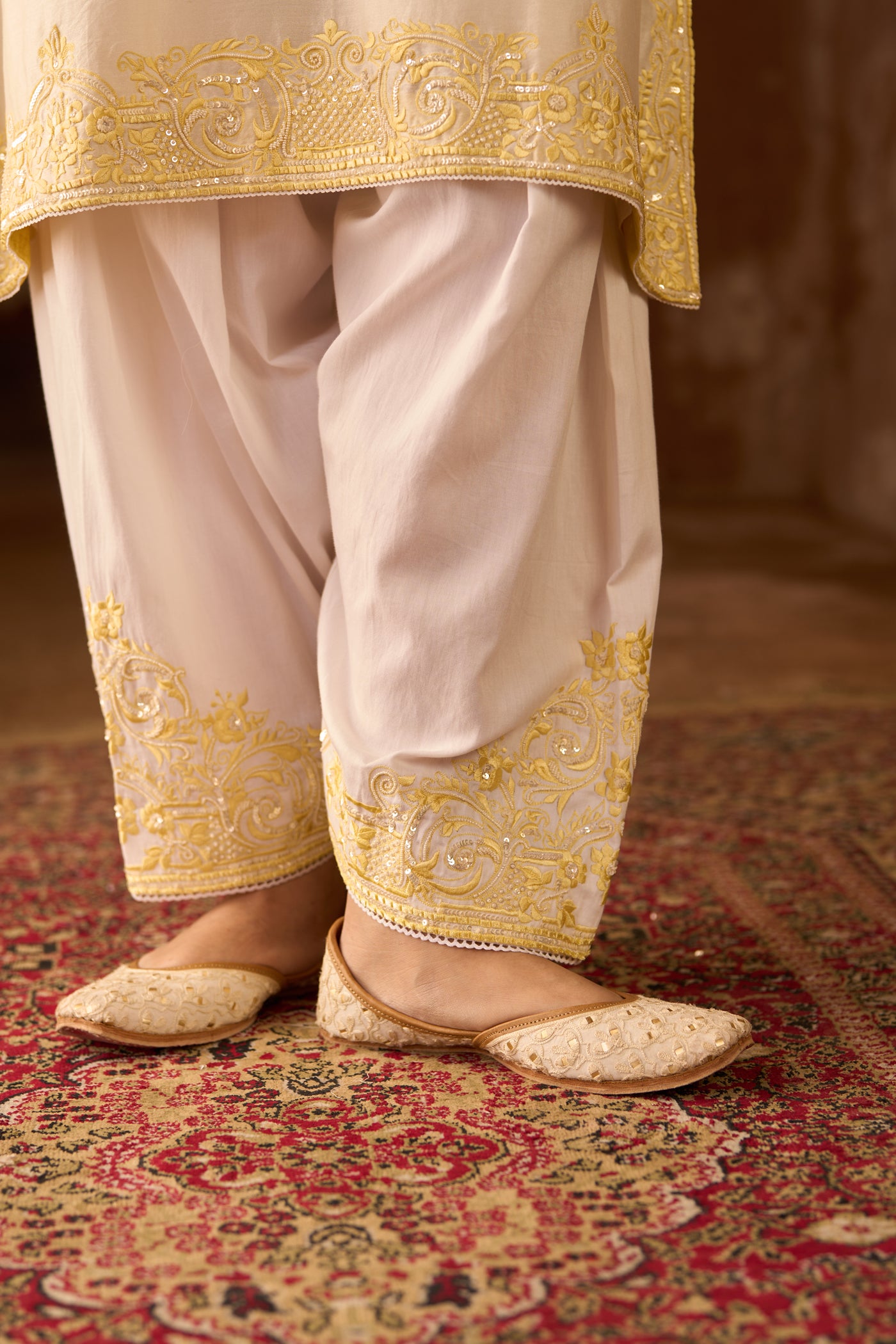 HANI - DAISY IVORY WITH LEMON YELLOW A-LINE KURTA WITH SALWAR AND DUPATTA