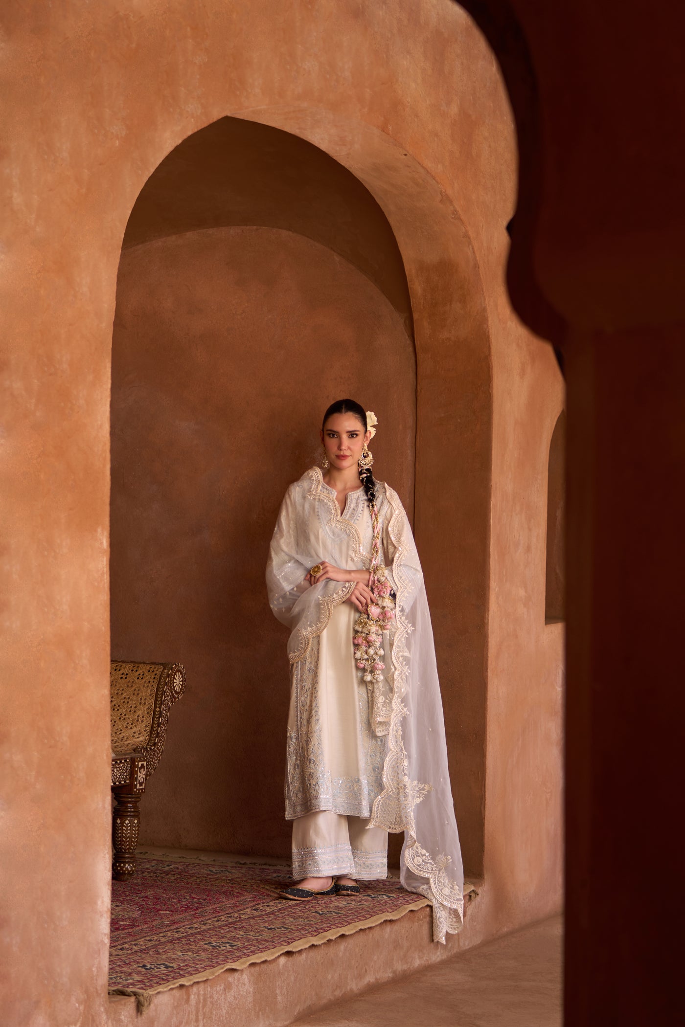 NURVI - DAISY IVORY WITH BLUE LONG A-LINE KURTA WITH PALAZZO AND DUPATTA