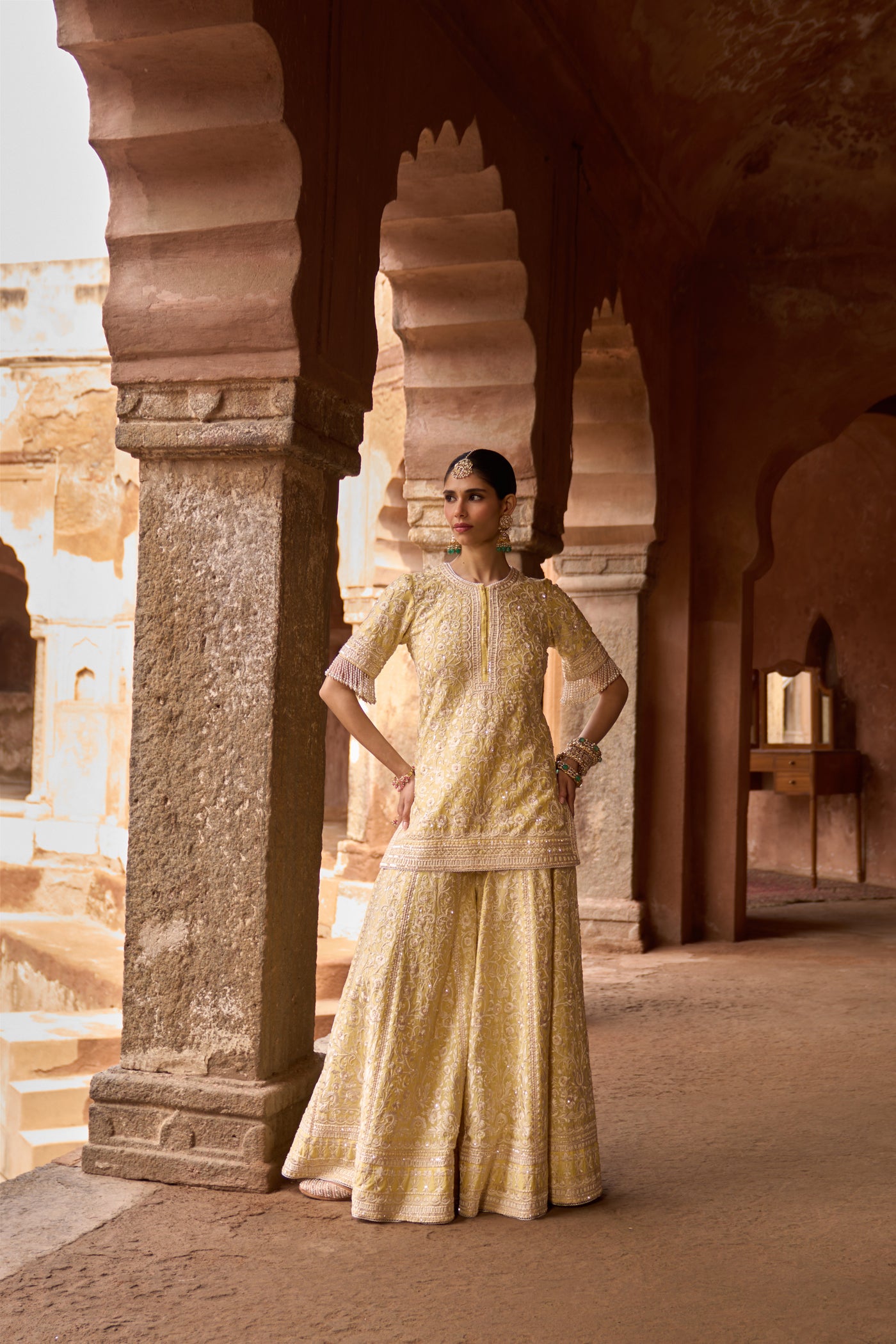 HEER - LEMON YELLOW SHORT KURTA WITH SHARARA AND DUPATTA