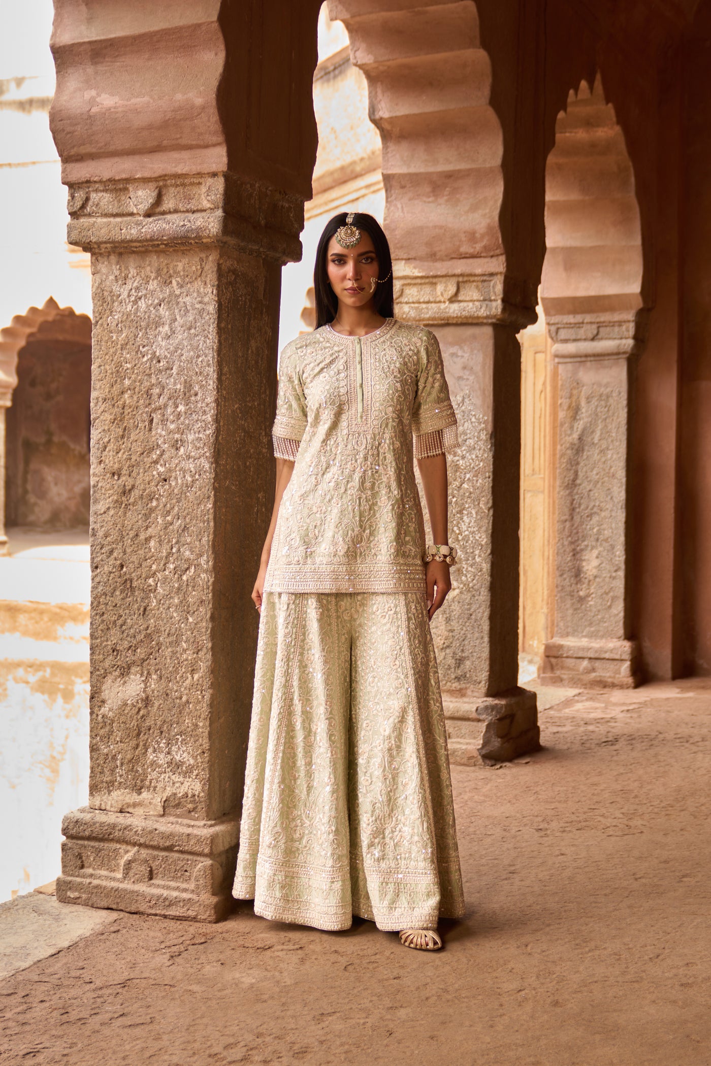 HEER - MINT GREEN SHORT KURTA WITH SHARARA AND DUPATTA