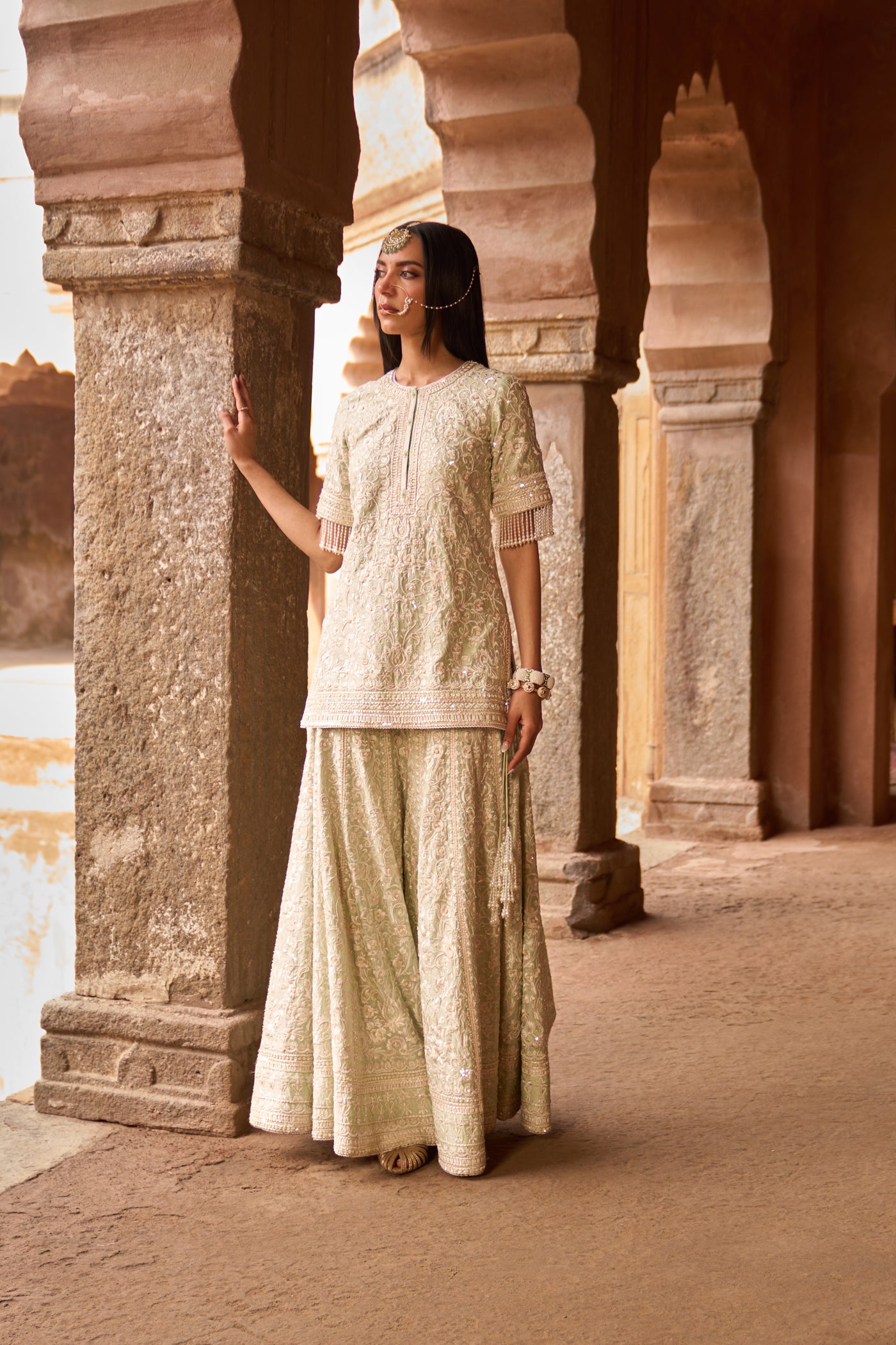 HEER - MINT GREEN SHORT KURTA WITH SHARARA AND DUPATTA