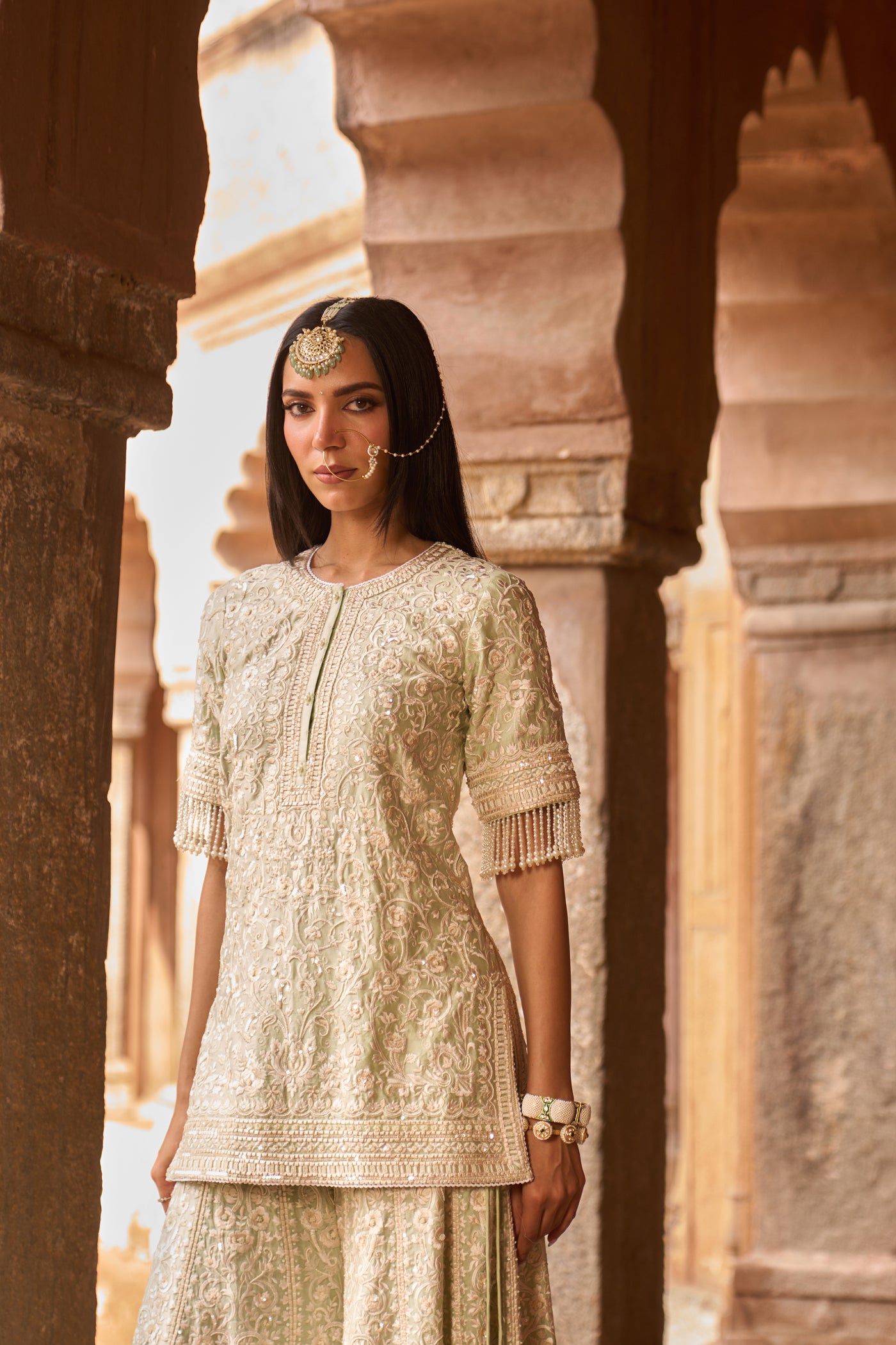 HEER - MINT GREEN SHORT KURTA WITH SHARARA AND DUPATTA