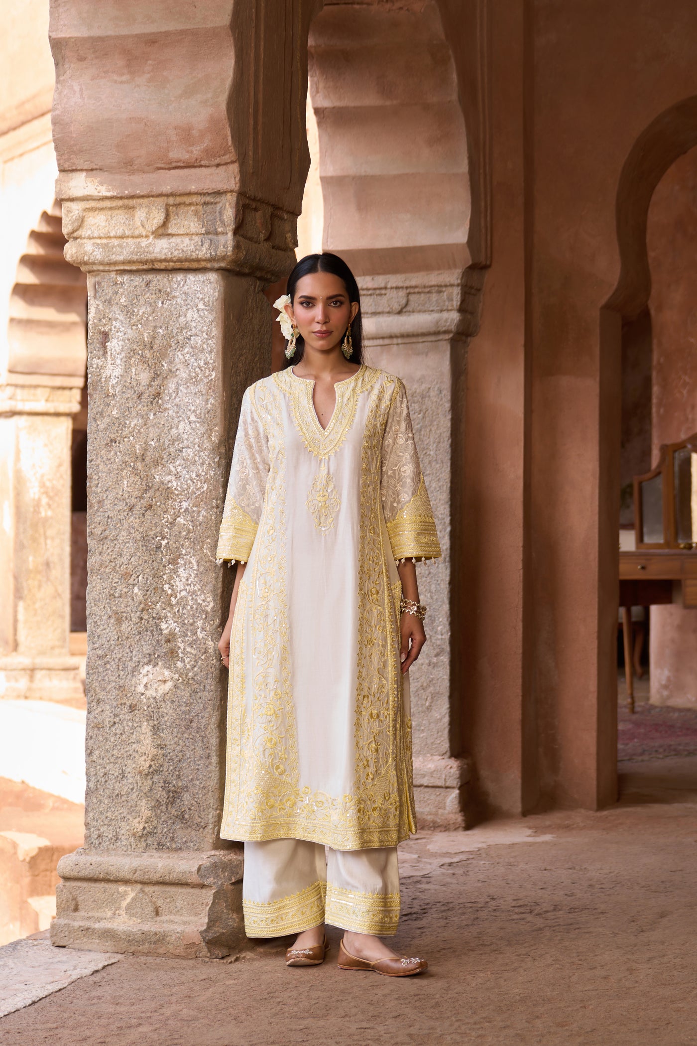 NURVI - DAISY IVORY WITH LEMON YELLOW LONG A-LINE KURTA WITH PALAZZO AND DUPATTA