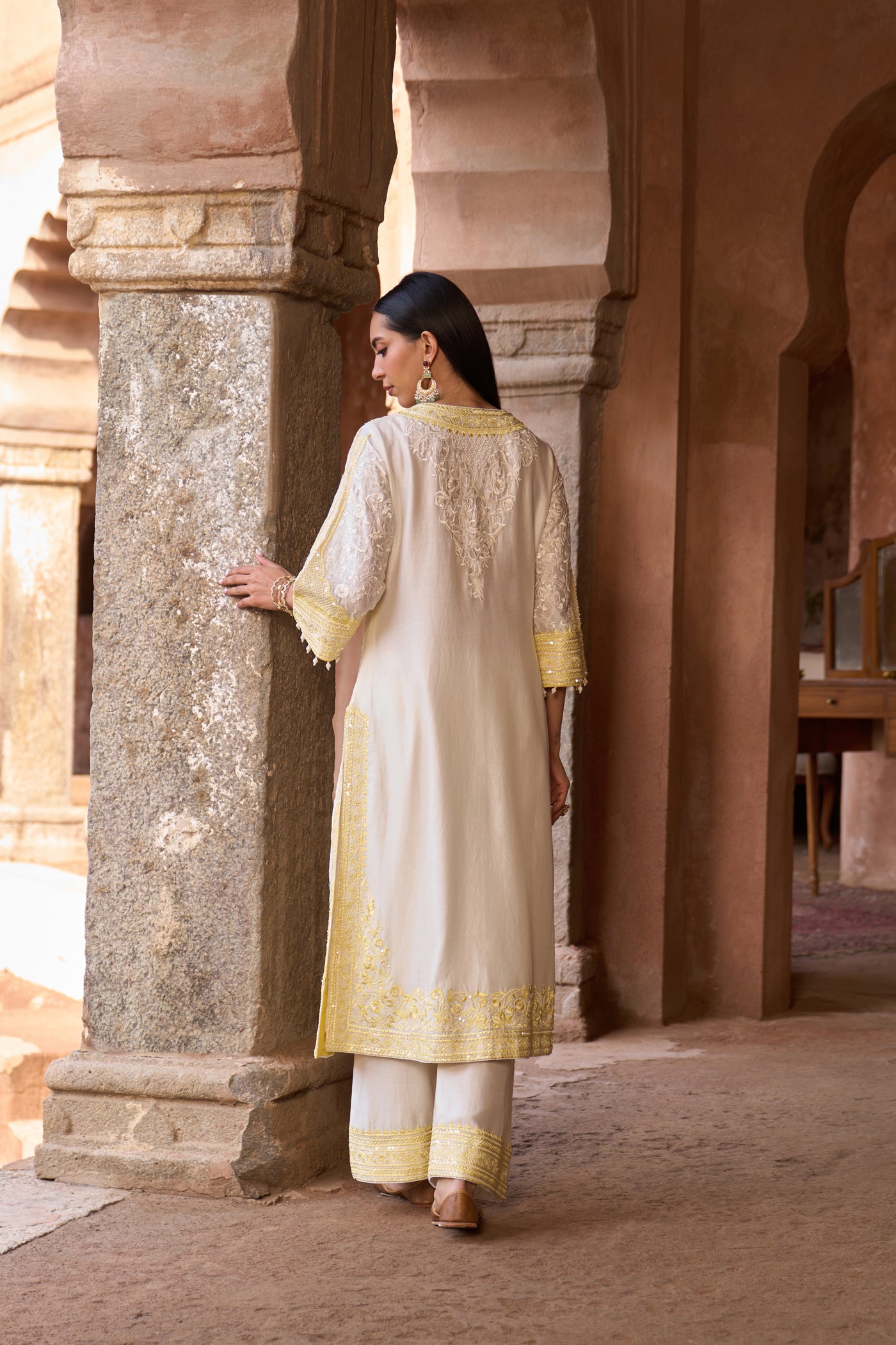 NURVI - DAISY IVORY WITH LEMON YELLOW LONG A-LINE KURTA WITH PALAZZO AND DUPATTA