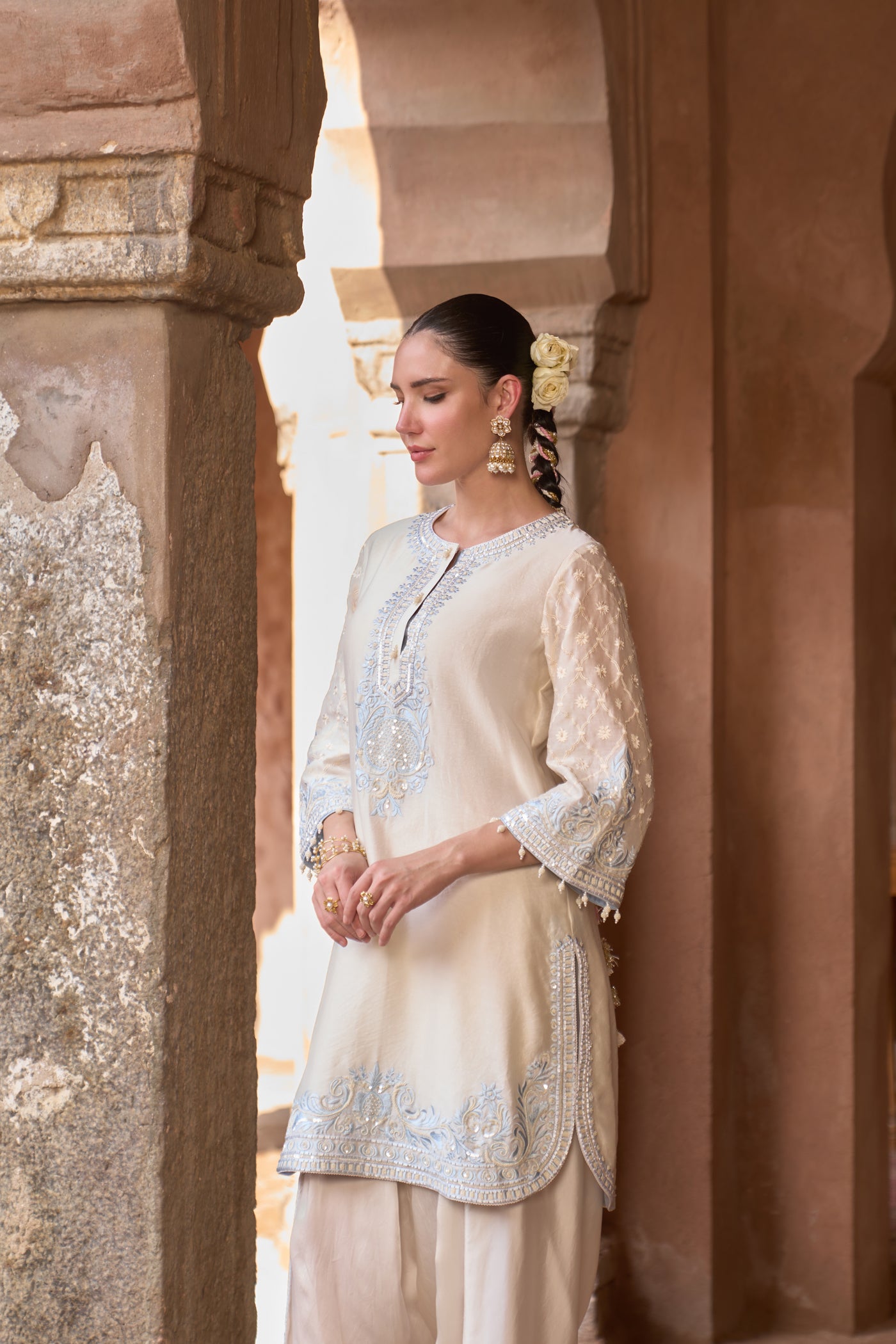 RUHI - DAISY IVORY WITH BLUE SHORT KURTA AND DHOTI (LXRTS)