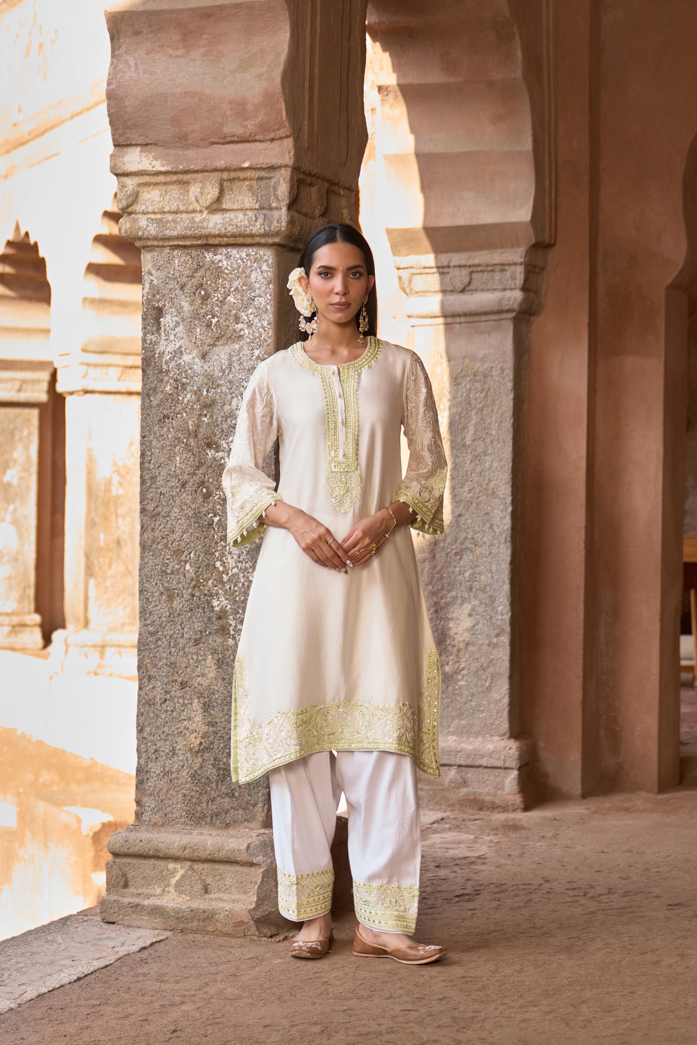ANAM - DAISY IVORY WITH MINT GREEN A-LINE KURTA WITH SALWAR AND DUPATTA