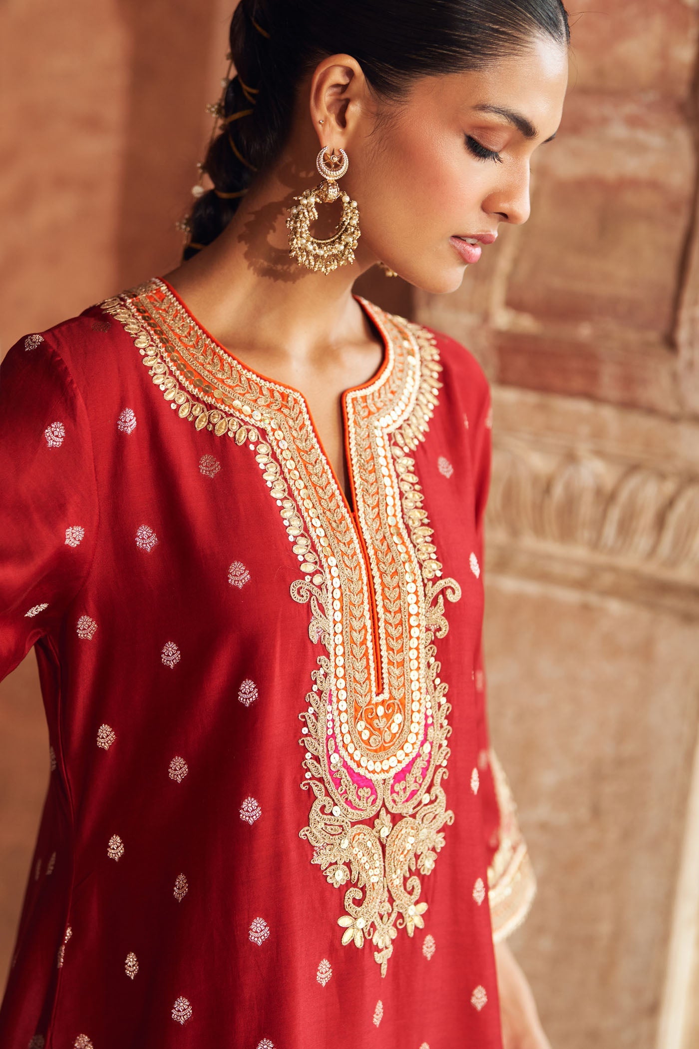 MEHWISH - DEEP RED SHORT KURTA WITH SALWAR AND DUPATTA (Lxrts)