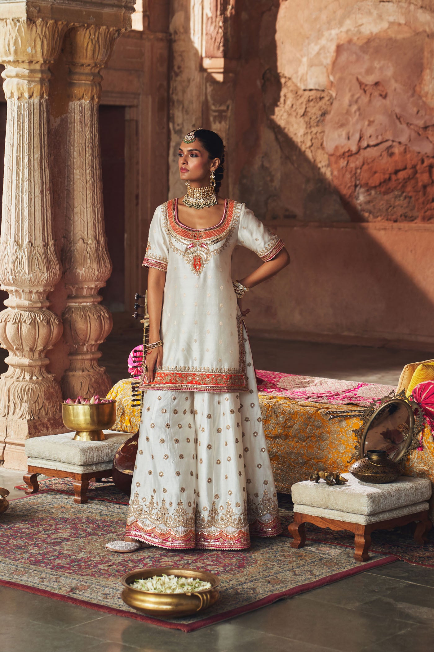 SAMREEN - DAISY IVORY SHORT KURTA WITH SHARARA AND DUPATTA