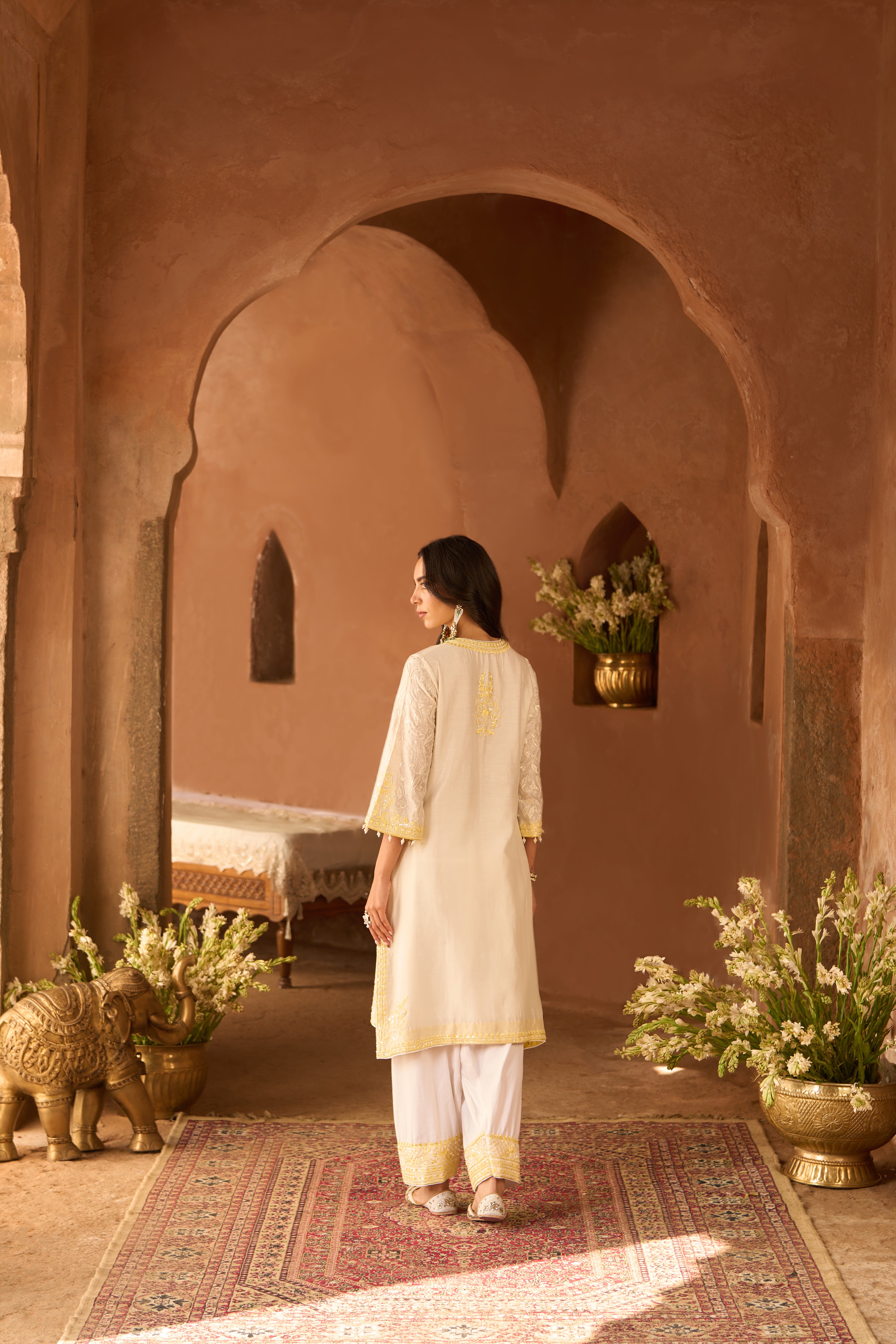 ANAM - DAISY IVORY WITH LEMON YELLOW A-LINE KURTA WITH SALWAR AND DUPATTA