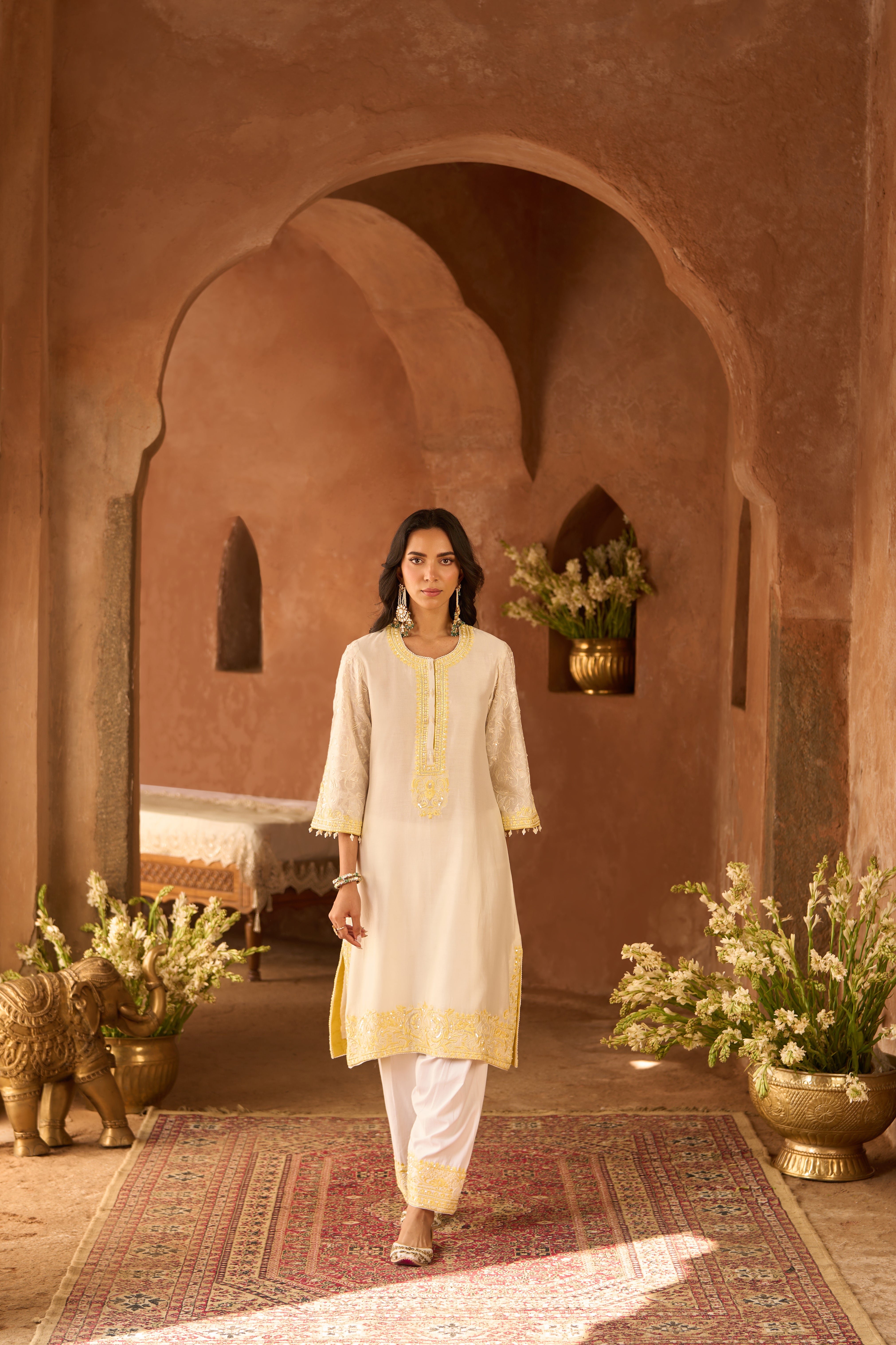 ANAM - DAISY IVORY WITH LEMON YELLOW A-LINE KURTA WITH SALWAR AND DUPATTA
