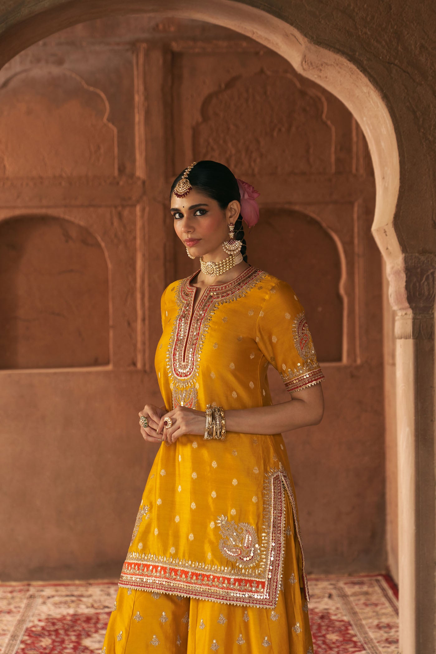 AREESHA - MUSTARD SHORT KURTA WITH SHARARA AND DUPATTA