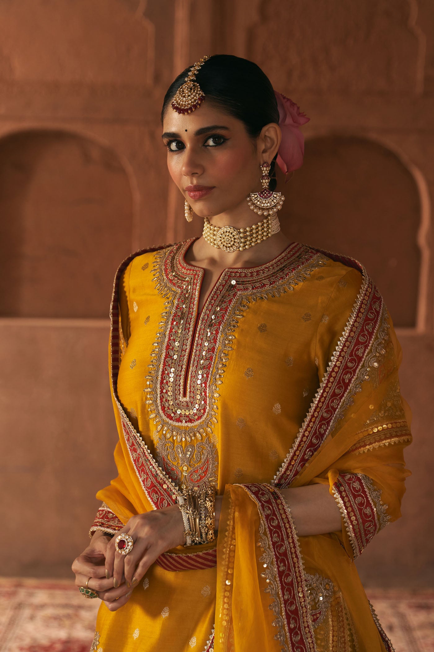 AREESHA - MUSTARD SHORT KURTA WITH SHARARA AND DUPATTA