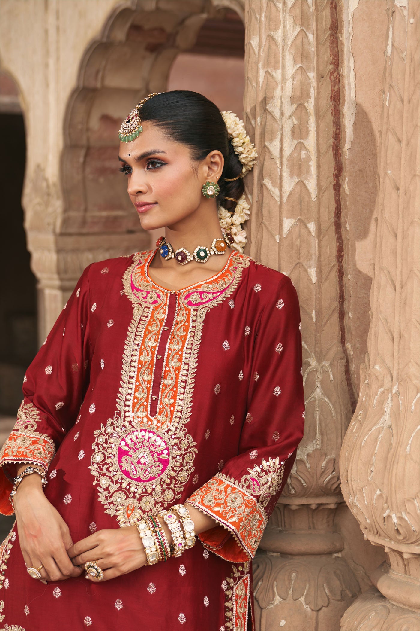 ANILA - DEEP RED SHORT KURTA WITH SALWAR