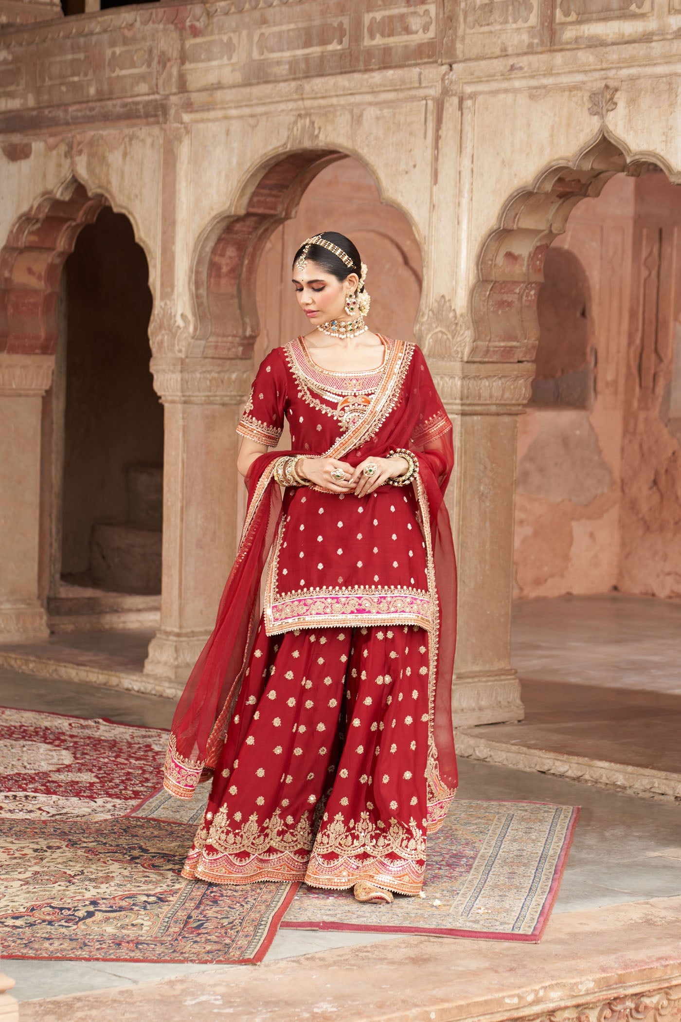 SAMREEN - DEEP RED SHORT KURTA WITH SHARARA AND DUPATTA (Lxrts)
