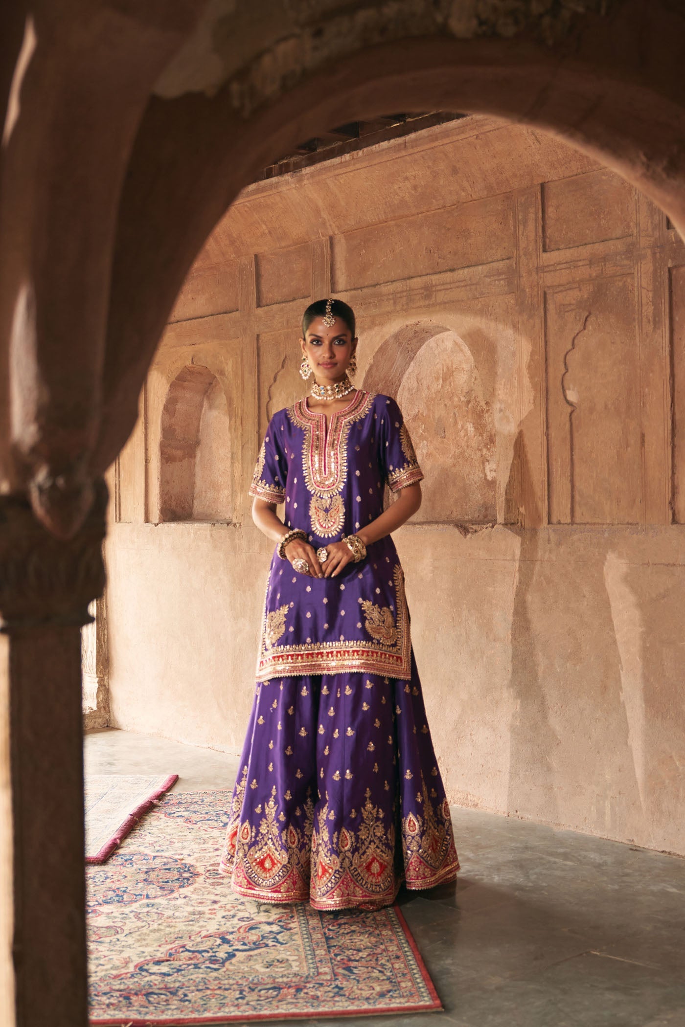 AREESHA - DEEP PURPLE SHORT KURTA WITH SHARARA AND DUPATTA (Lxrts)