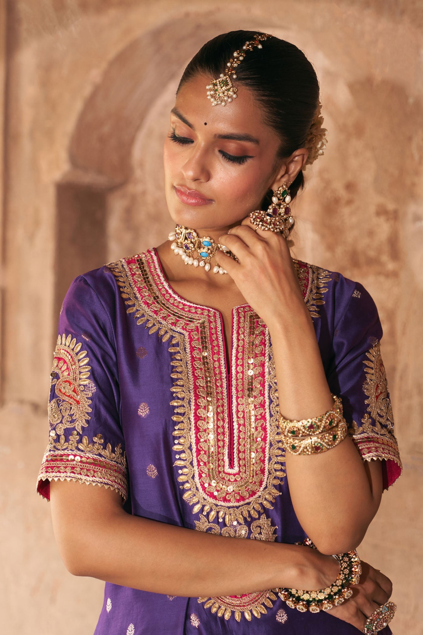 AREESHA - DEEP PURPLE SHORT KURTA WITH SHARARA AND DUPATTA (Lxrts)
