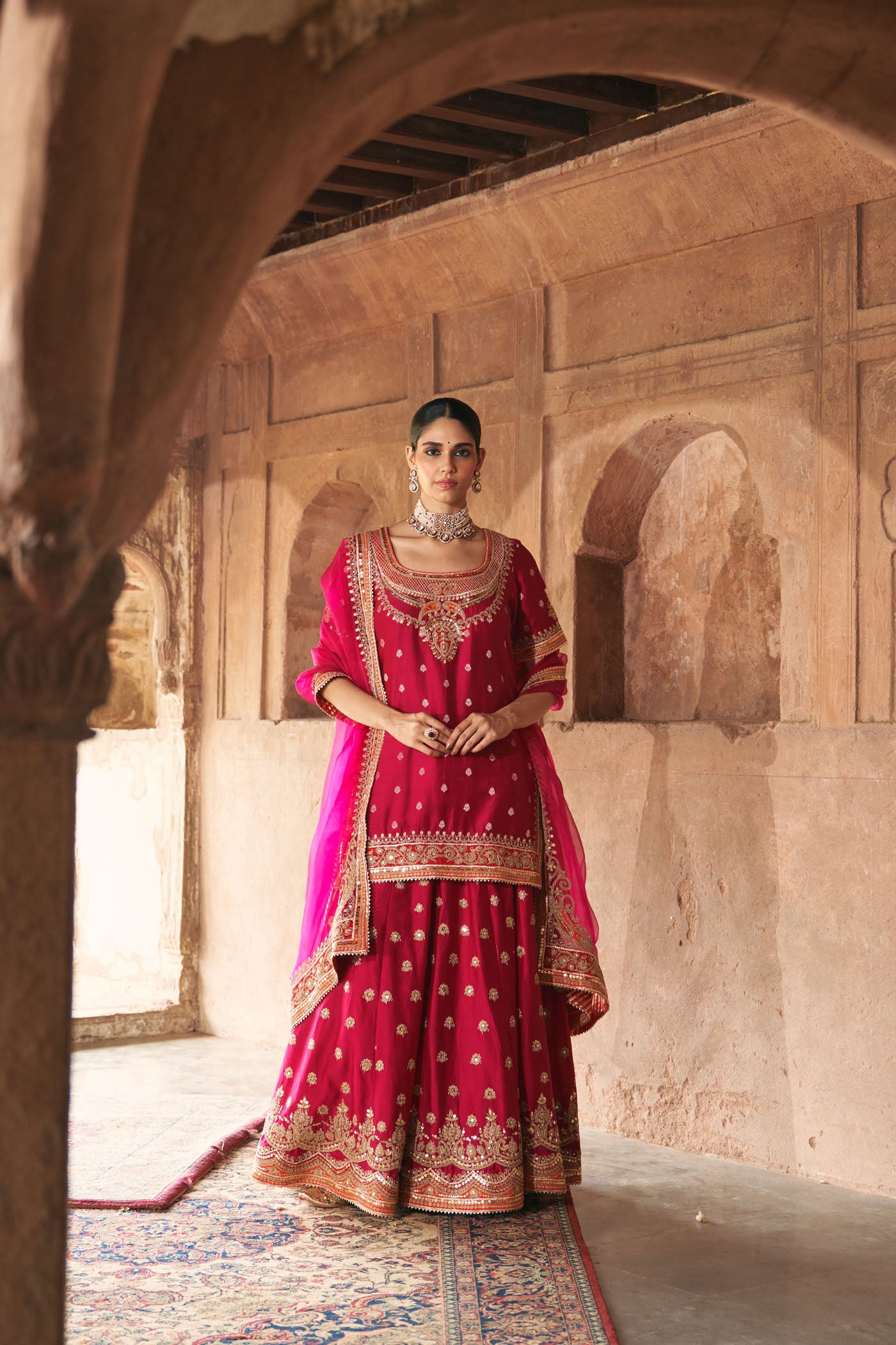SAMREEN - HOTPINK SHORT KURTA WITH SHARARA AND DUPATTA