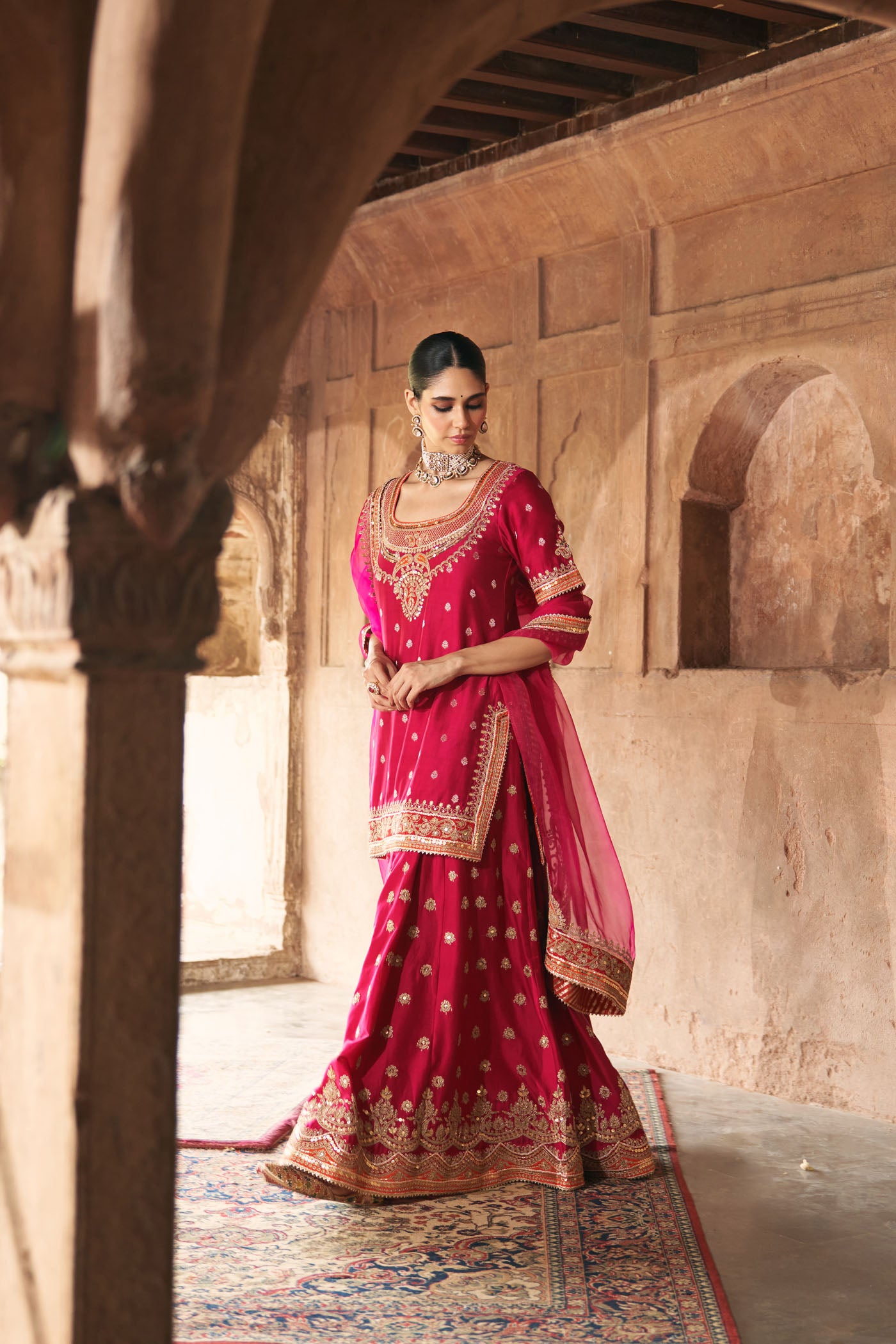 SAMREEN - HOTPINK SHORT KURTA WITH SHARARA AND DUPATTA