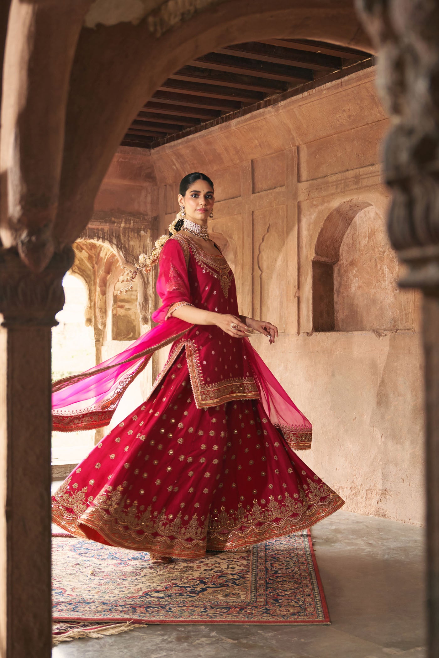 SAMREEN - HOTPINK SHORT KURTA WITH SHARARA AND DUPATTA