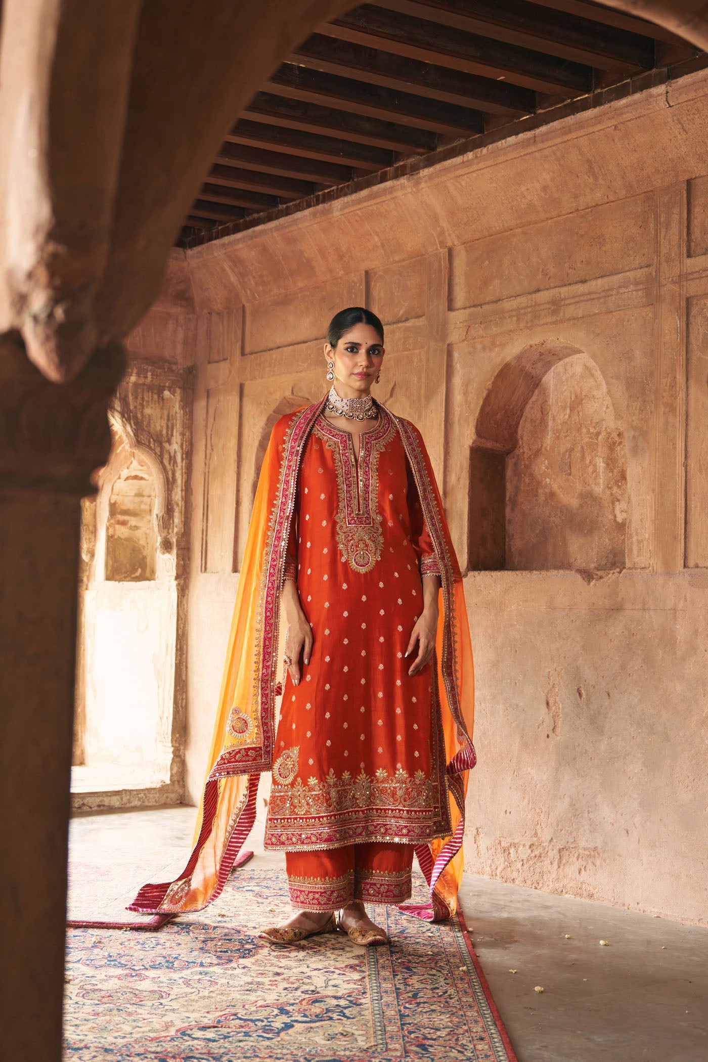 SOBIA - BURNT ORANGE LONG KURTA WITH PALAZZO AND DUPATTA (Lxrts)