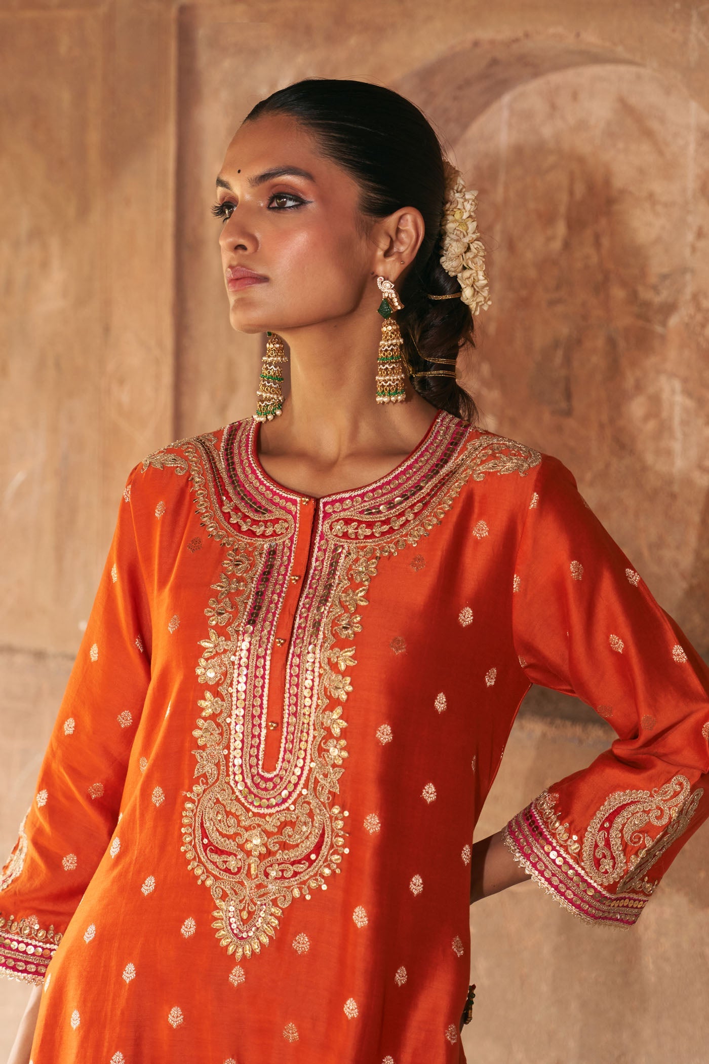 FARHANA - BURNT ORANGE SHORT KURTA WITH SALWAR AND DUPATTA (Lxrts)