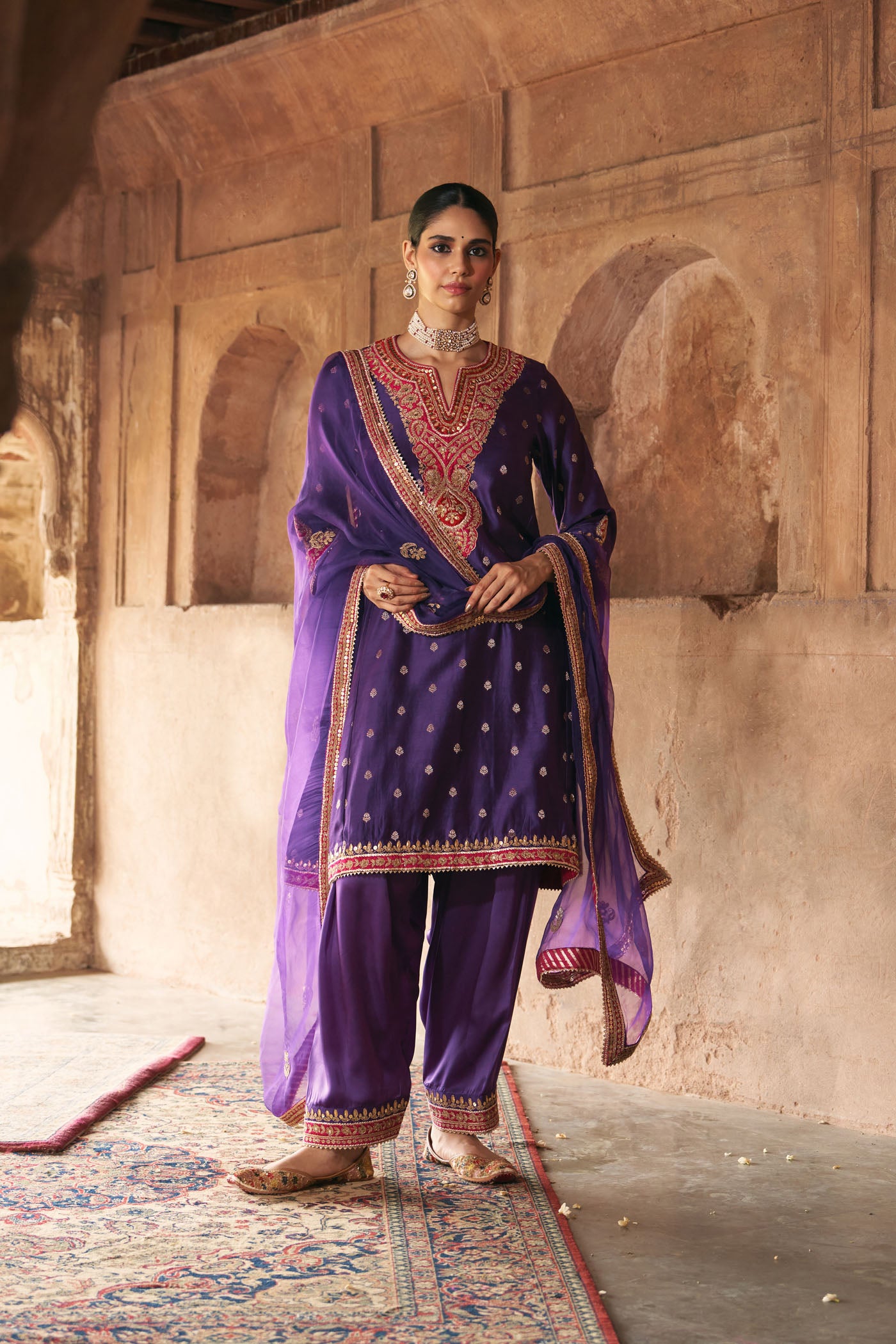 Mehza - Deep Red Short Chauga With Salwar and Dupatta main image 1