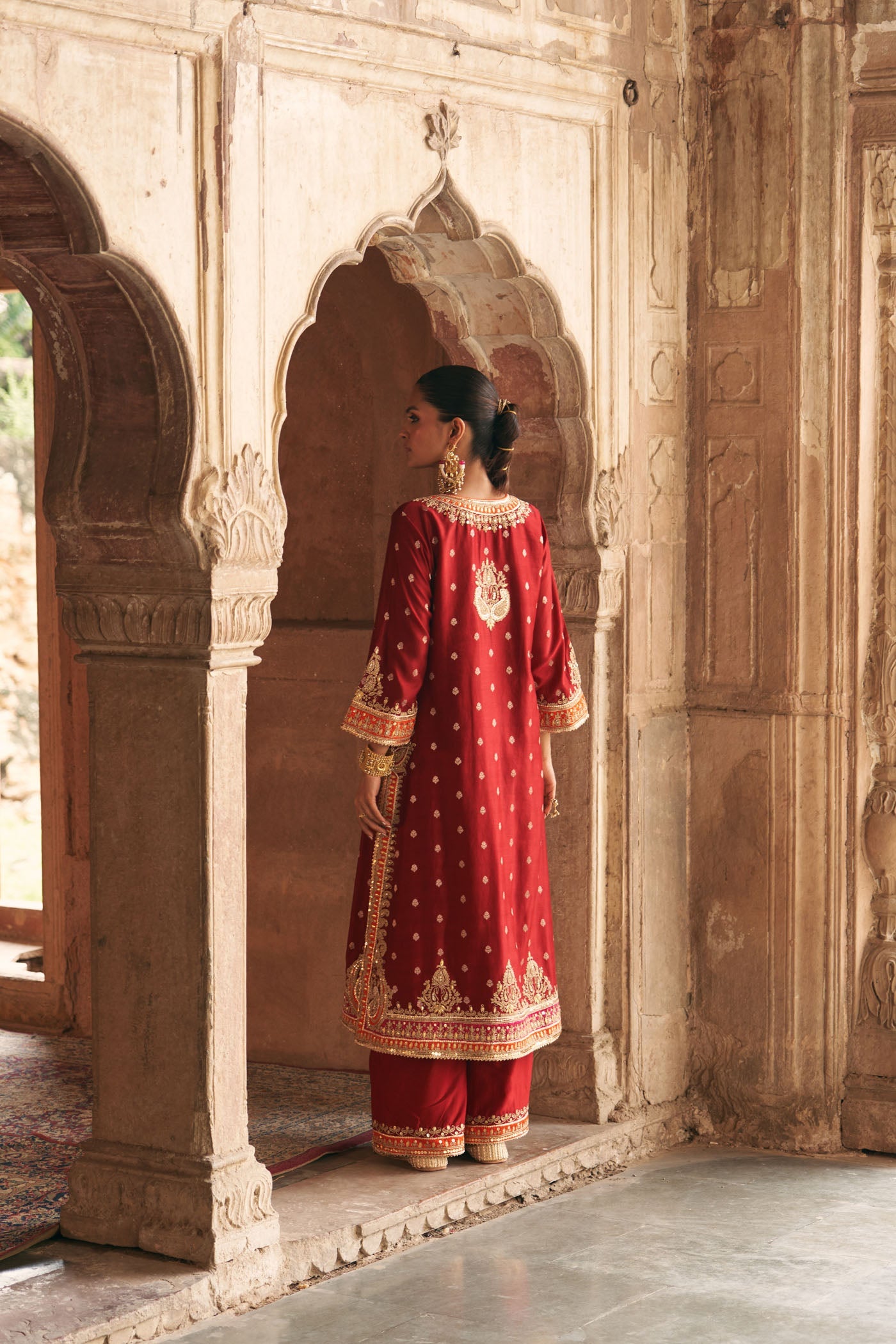 SUMAIRA - DEEP RED LONG KURTA WITH PALAZZO AND DUPATTA (Lxrts)