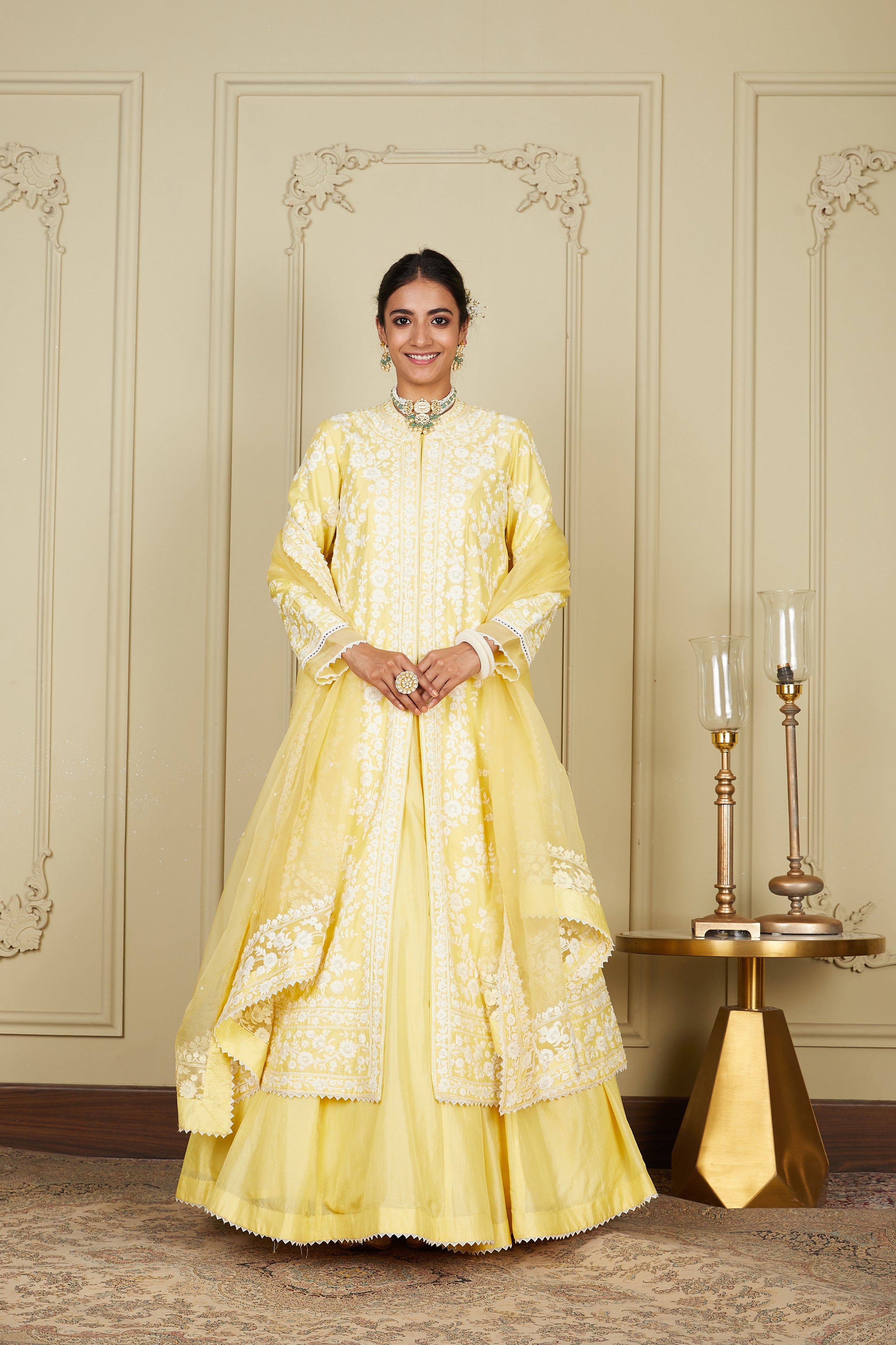 Zahria - Lemon Yellow Jacket, lehenga with blouse and dupatta