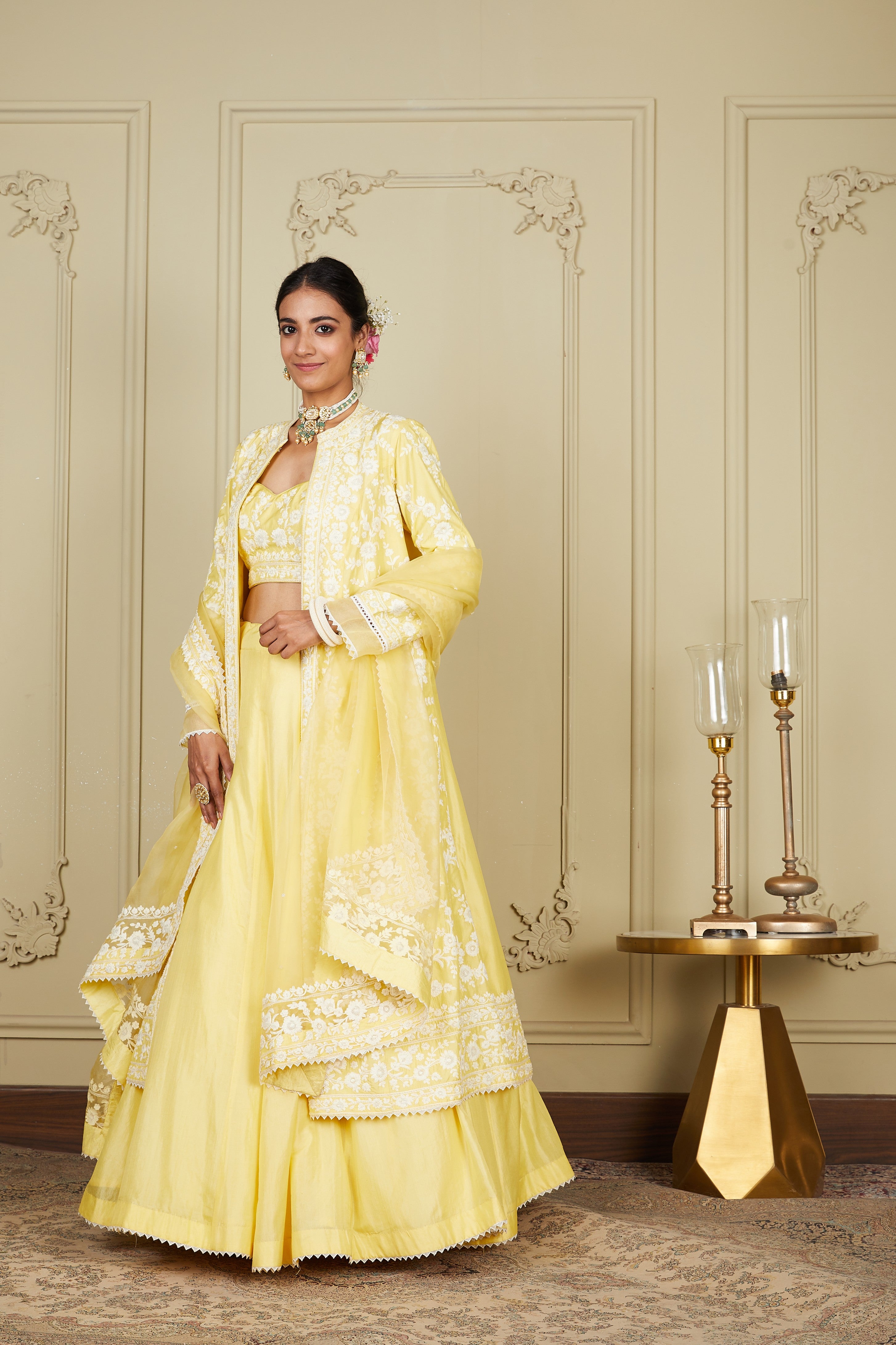 Zahria - Lemon Yellow Jacket, lehenga with blouse and dupatta