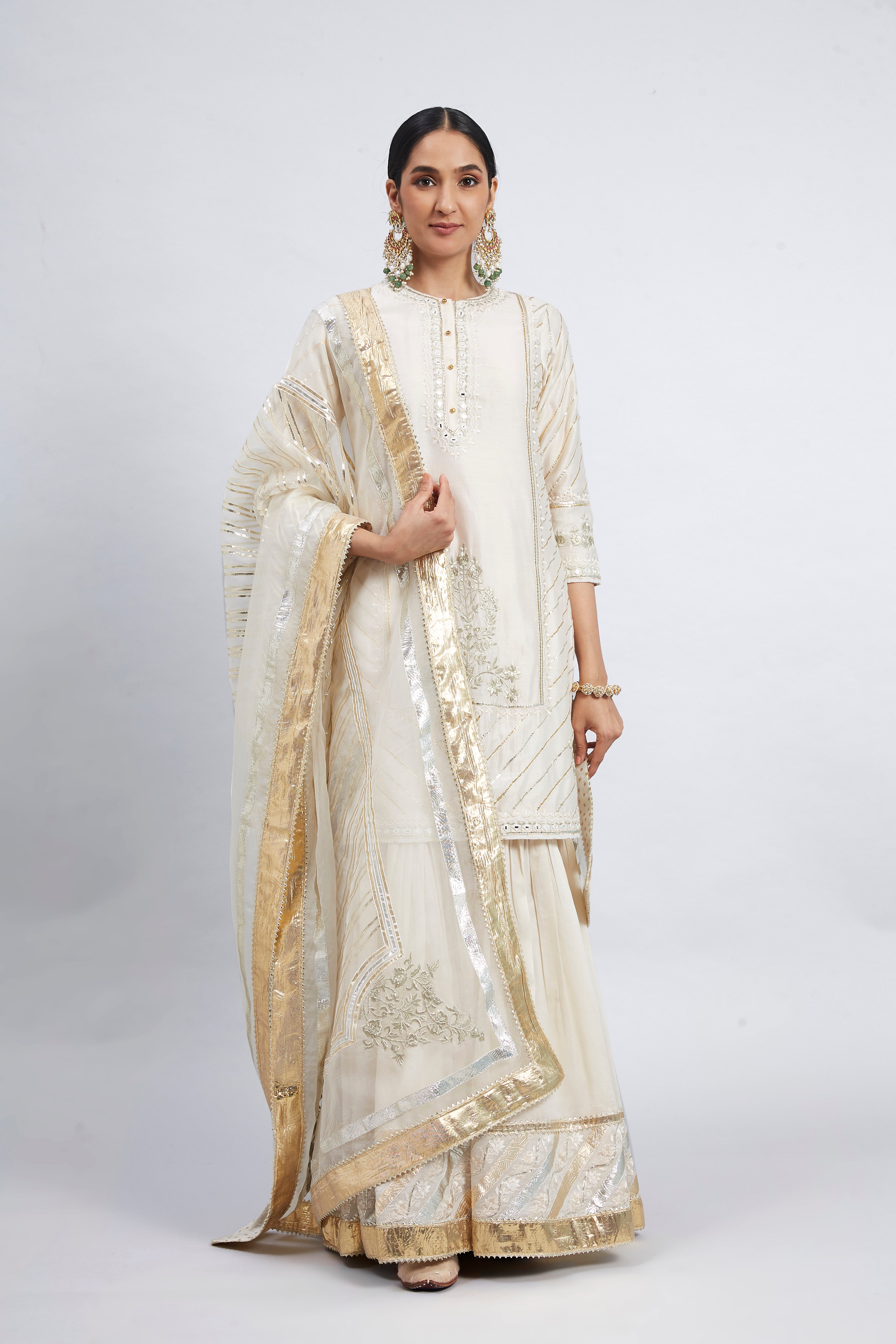 Eliza - Daisy Ivory Chanderi Silk Kurta and Garara Set with Organza dupatta