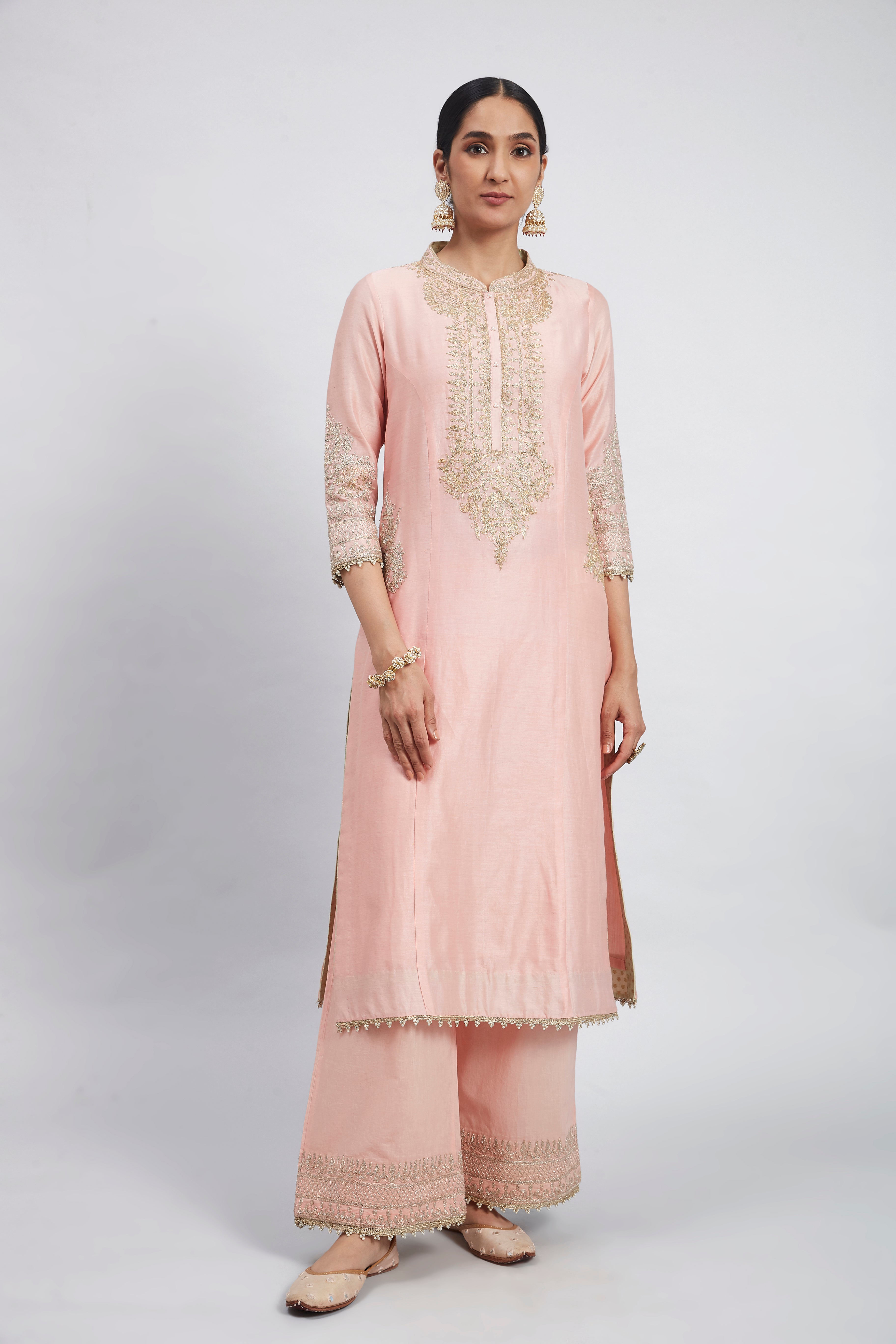 Buy Aarvi Pearl Pink Long Kurta With Palazzo And Dupatta by SHEETAL BATRA  at Ogaan Online Shopping Site