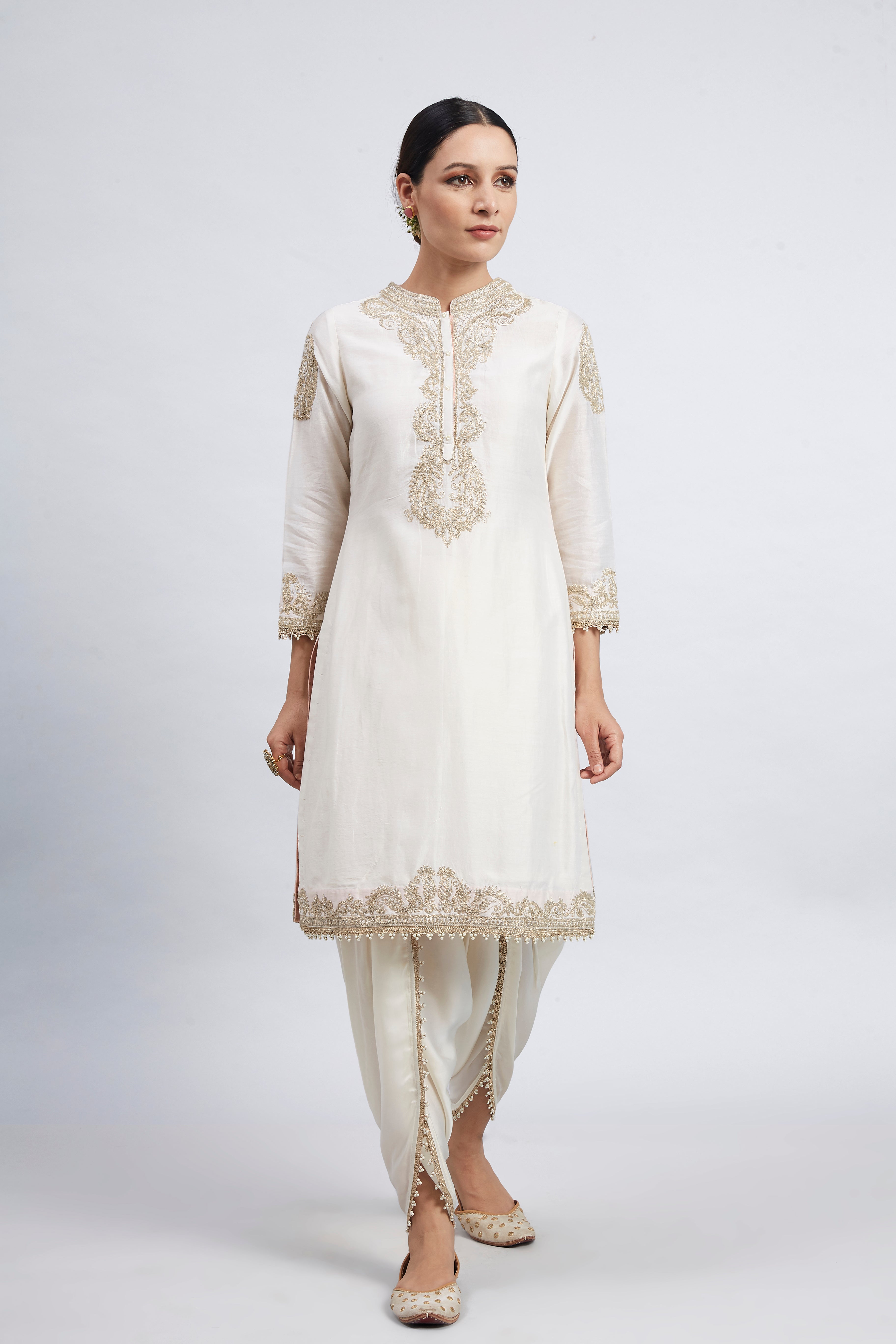 Aabisah- Daisy Ivory Embroidered Kurta With Dhoti