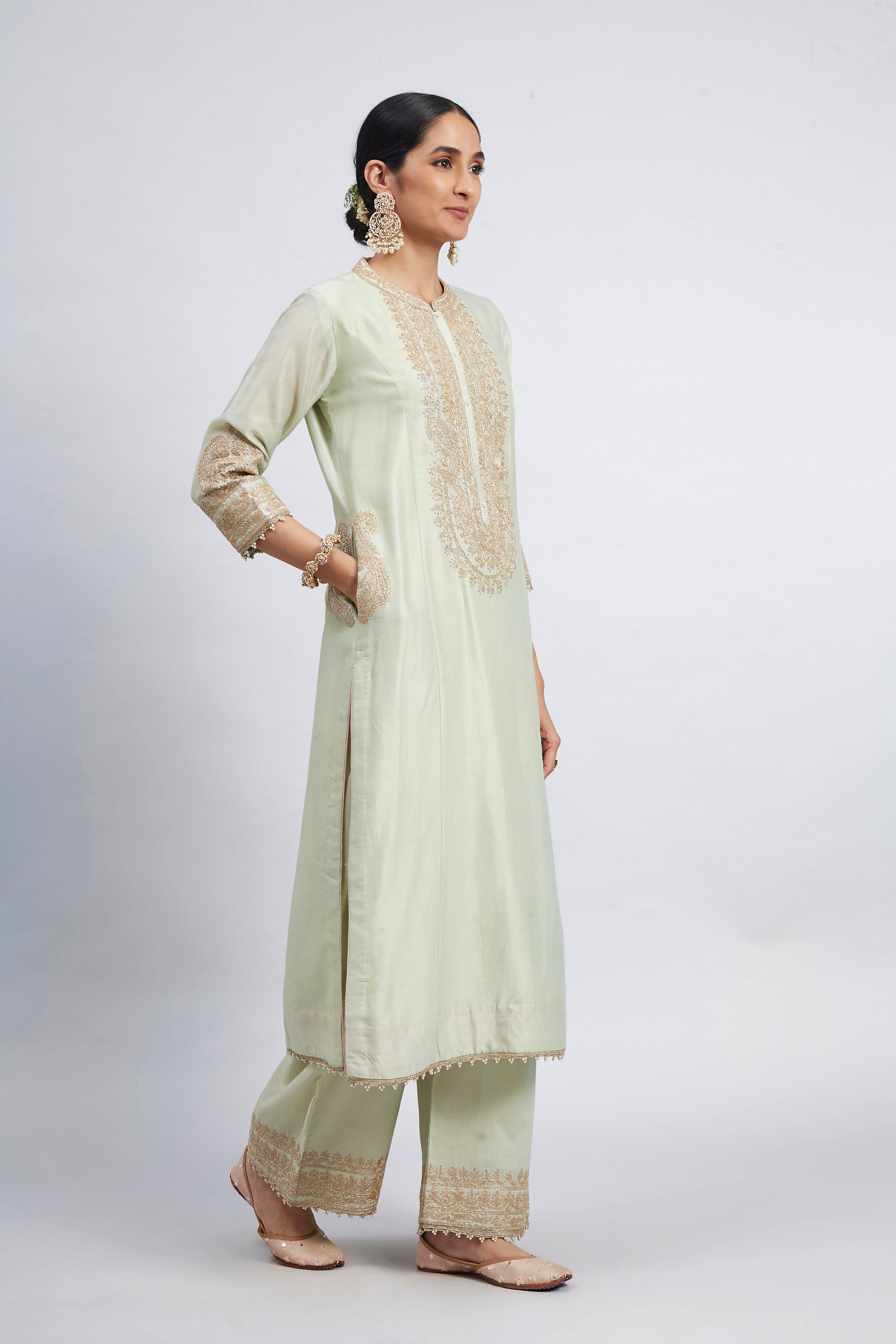 Aadirah- Mint Green Princess-Cut Long Kurta Set