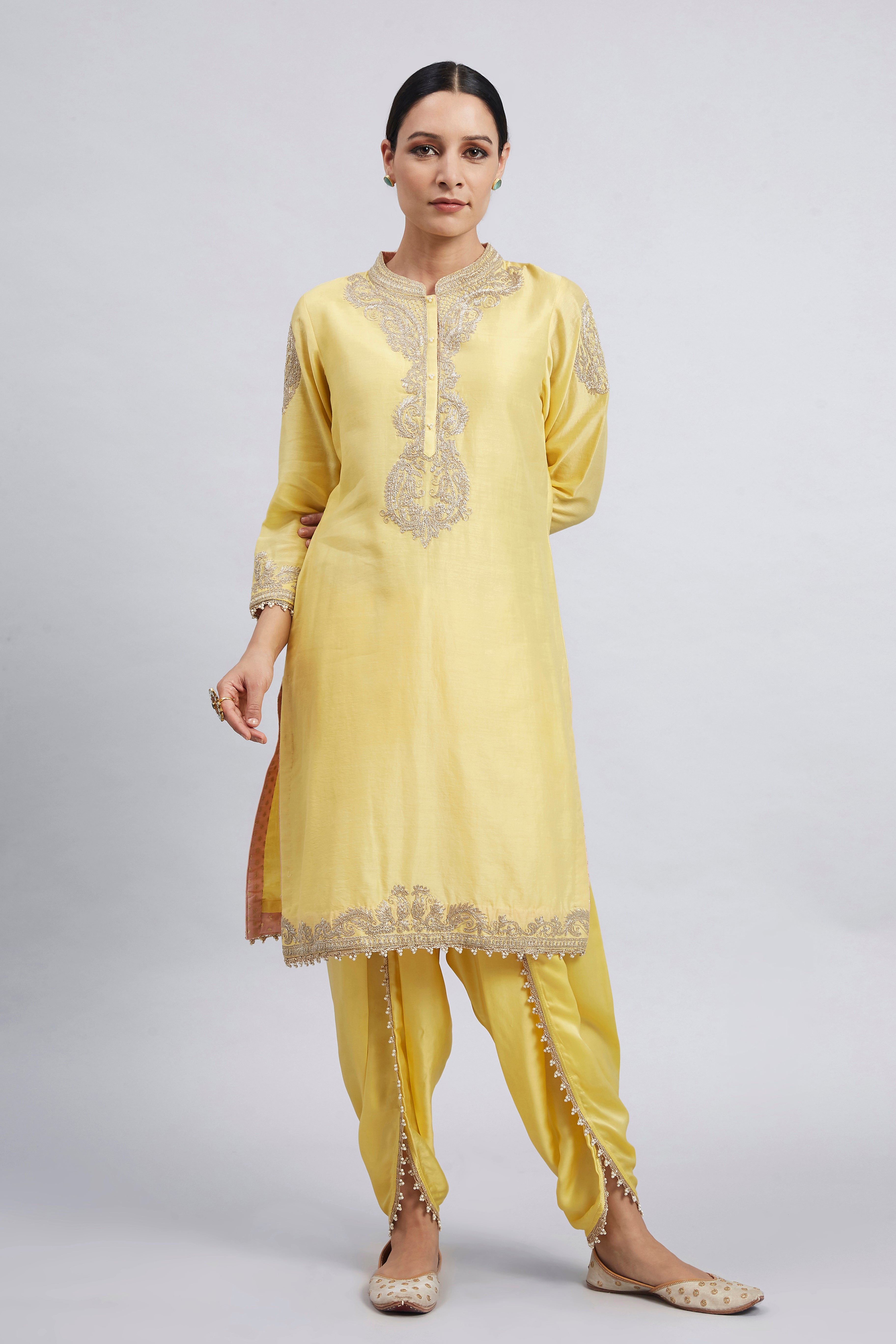 Aabisah- Daffodil Yellow Embroidered Kurta With Dhoti