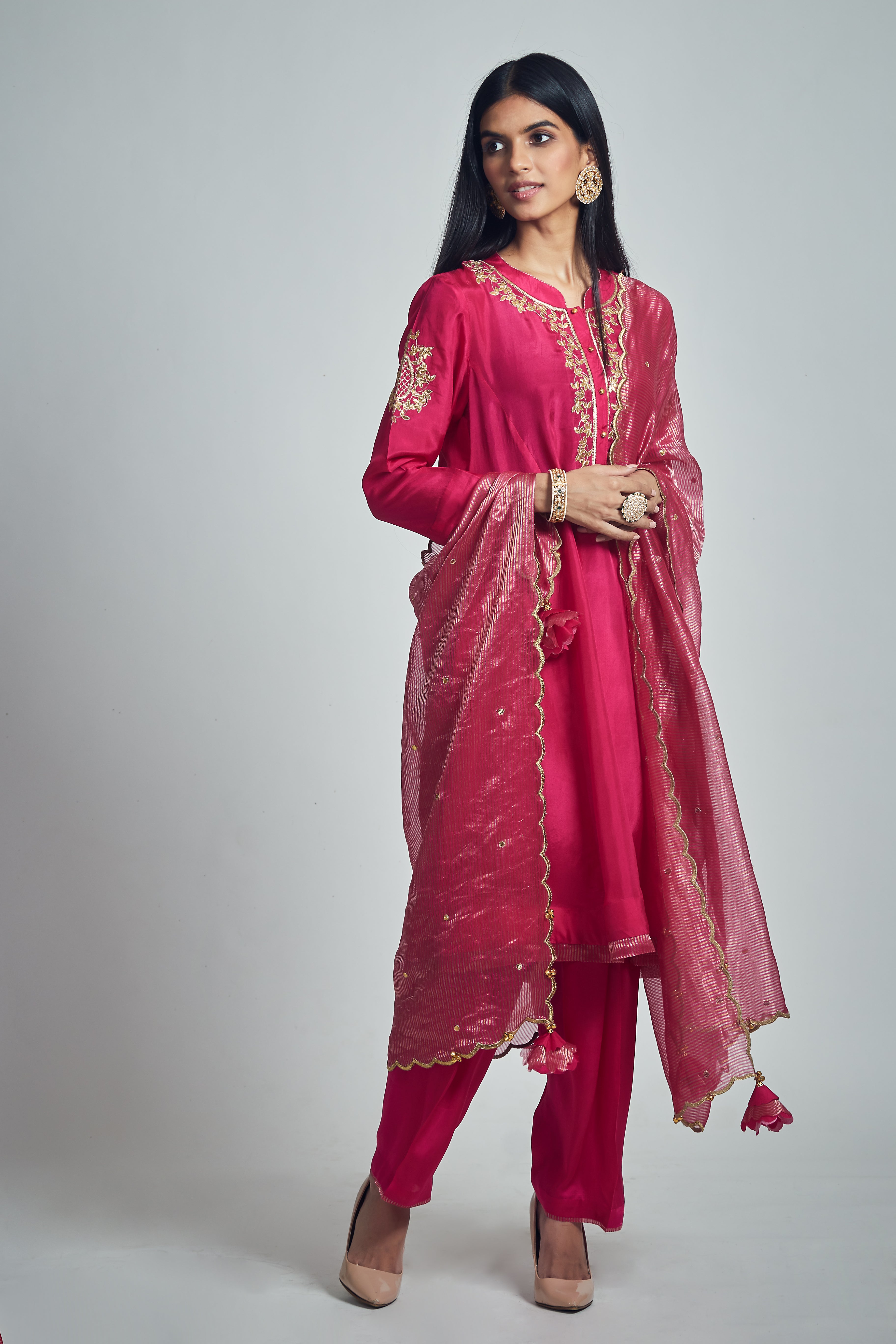 Nazish- Hot pink Habutai silk embroidered ensemble