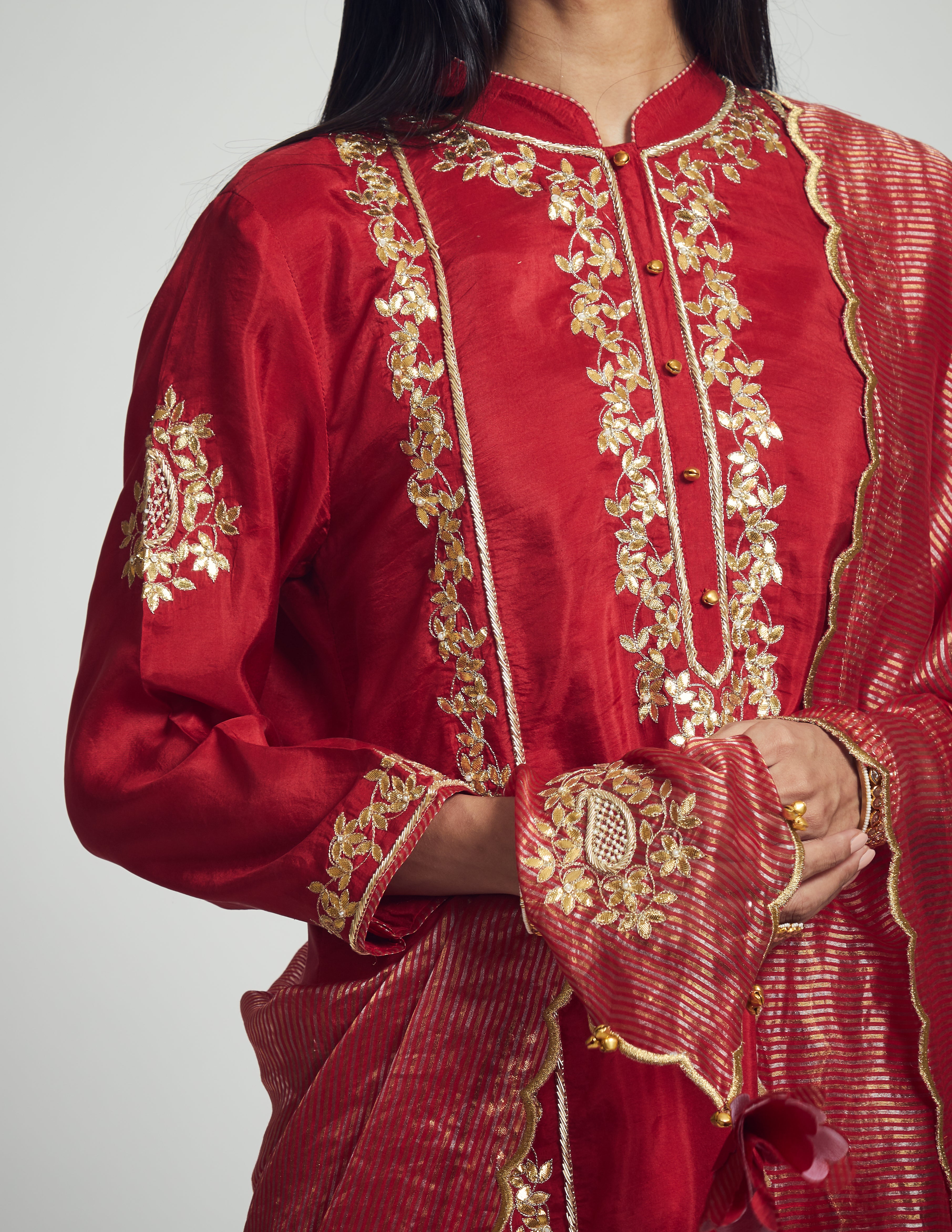 Nasira- Deep red habutai silk embroidered ensemble