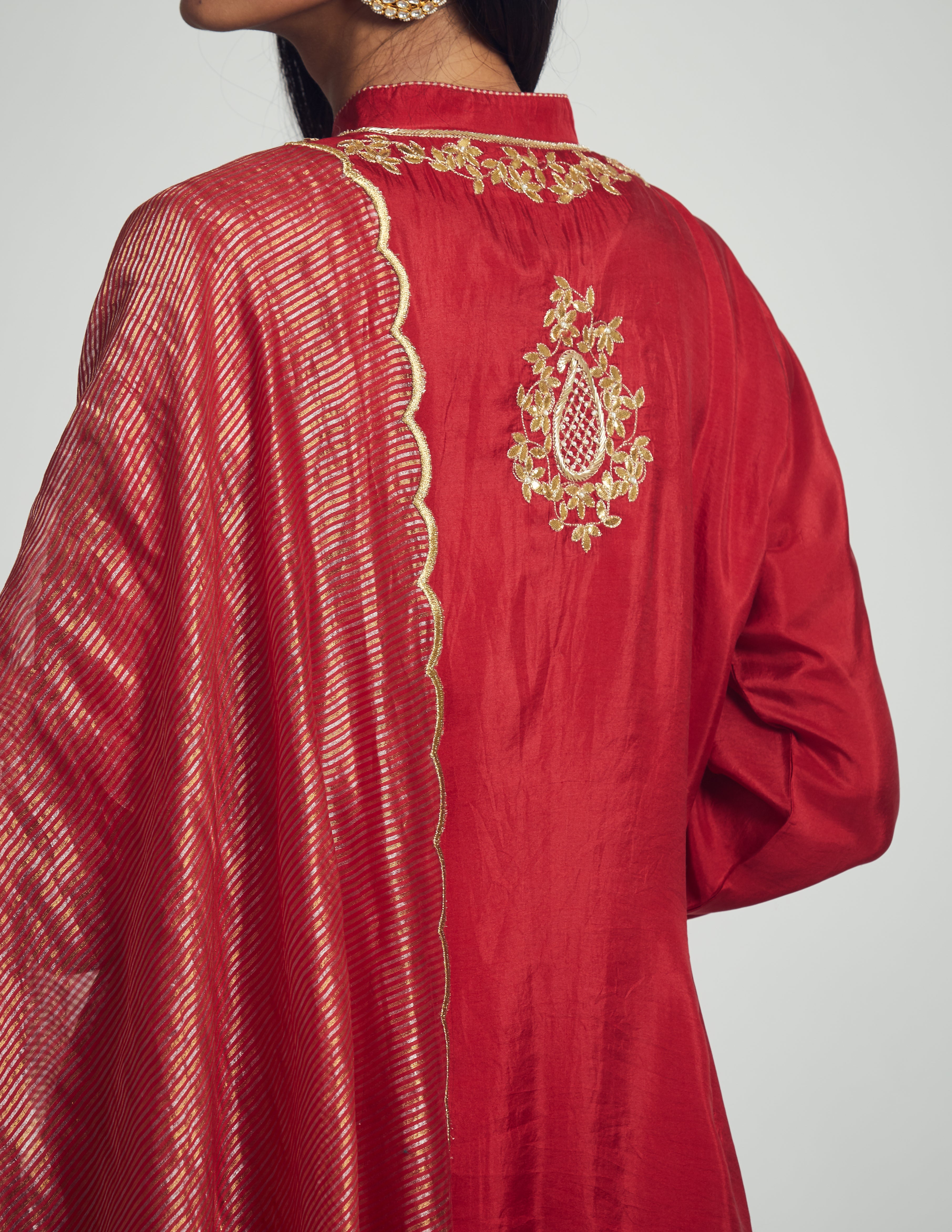 Nasira- Deep red habutai silk embroidered ensemble