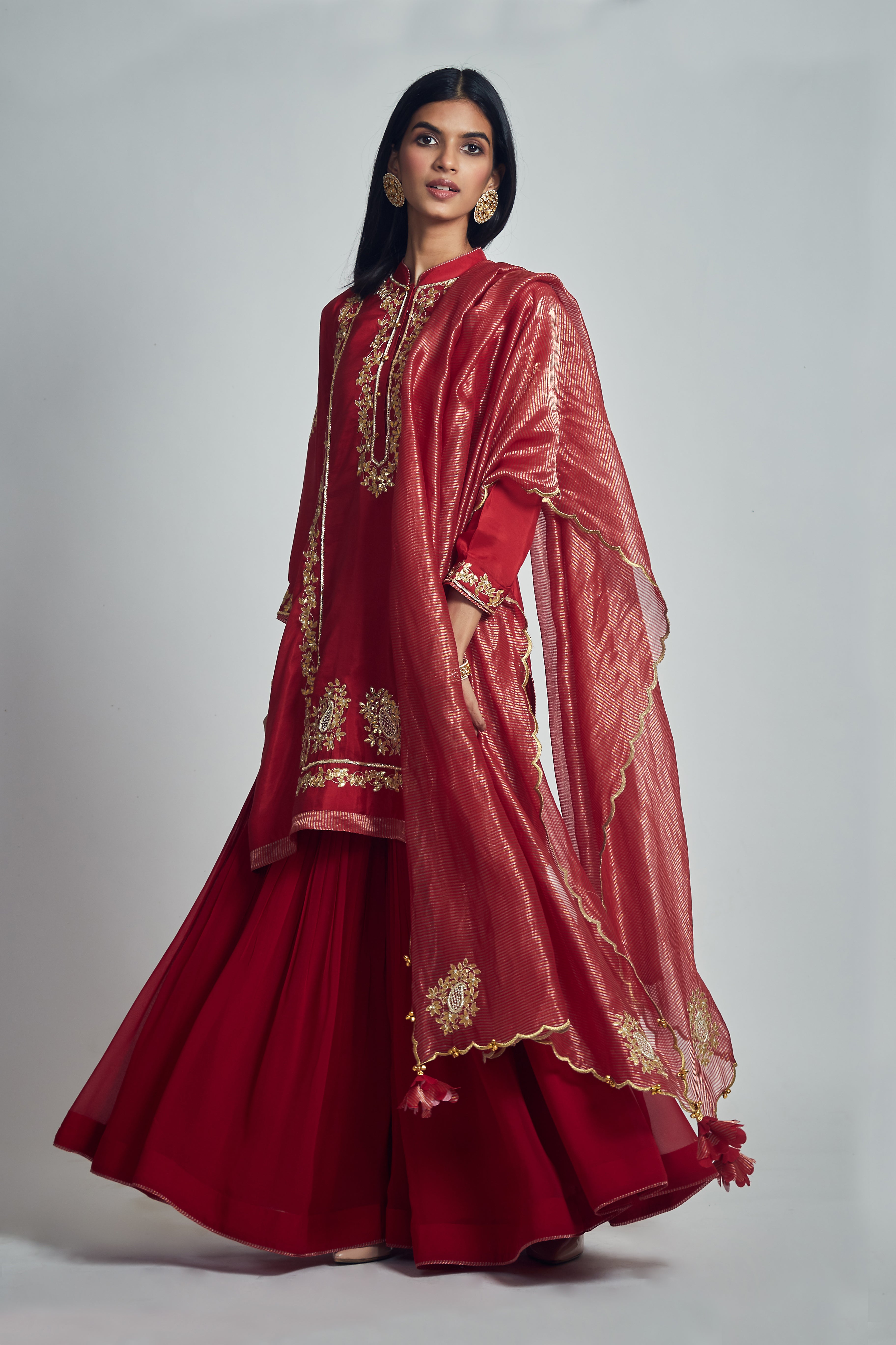 Nasira- Deep red habutai silk embroidered ensemble