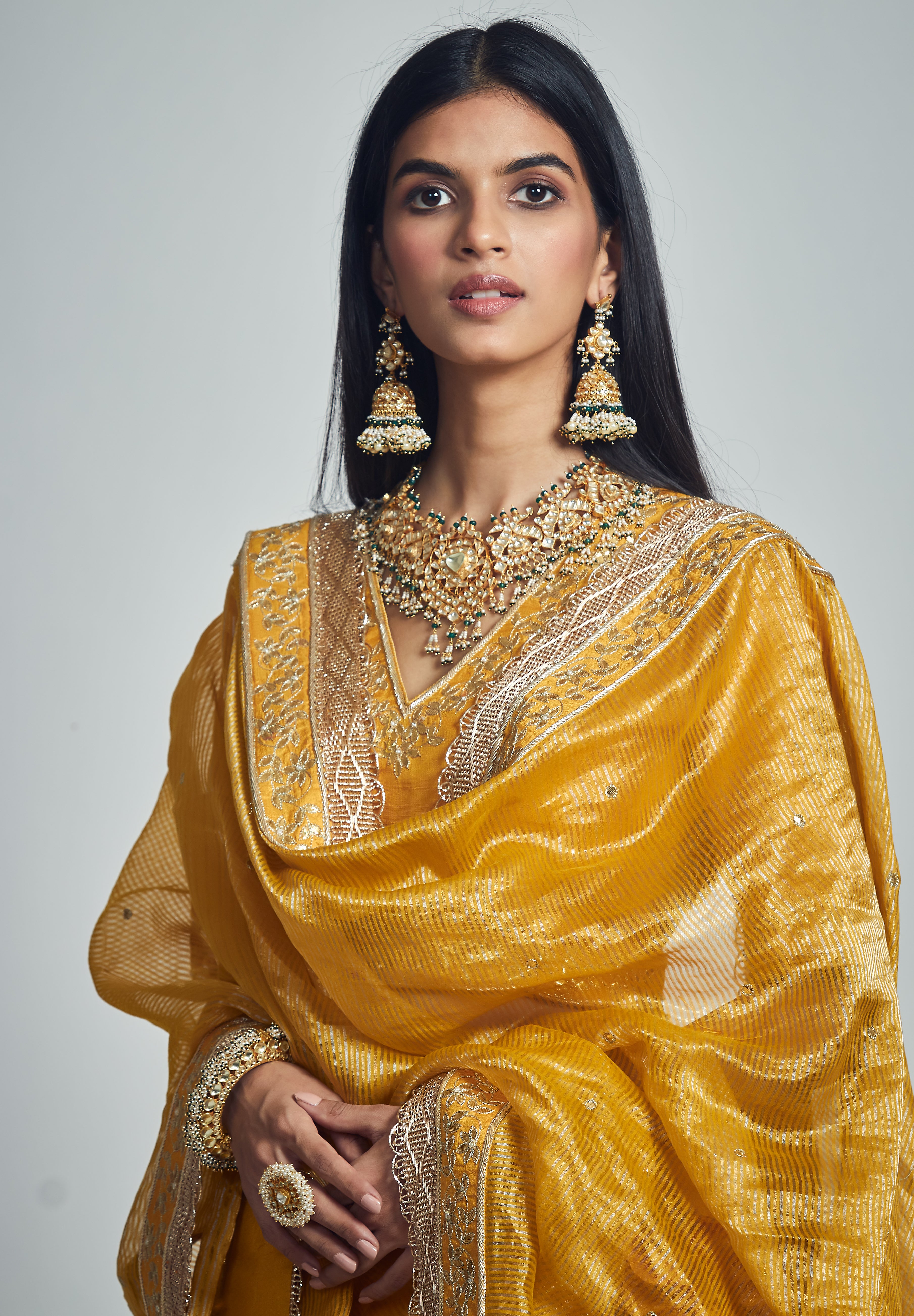 Razaana- Happy mustard raw silk lehenga