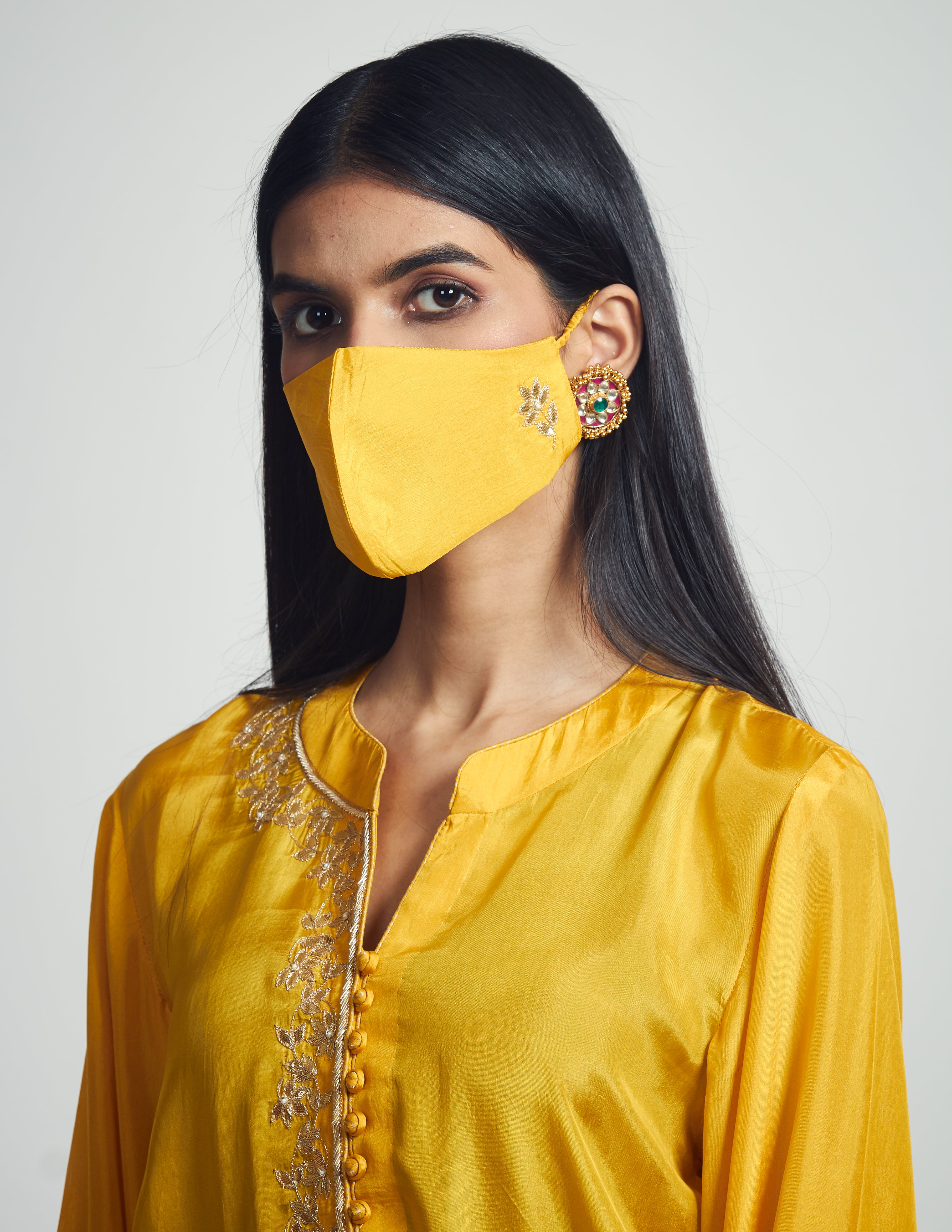 Nyasia- Happy mustard Habutai silk embroidered chauga