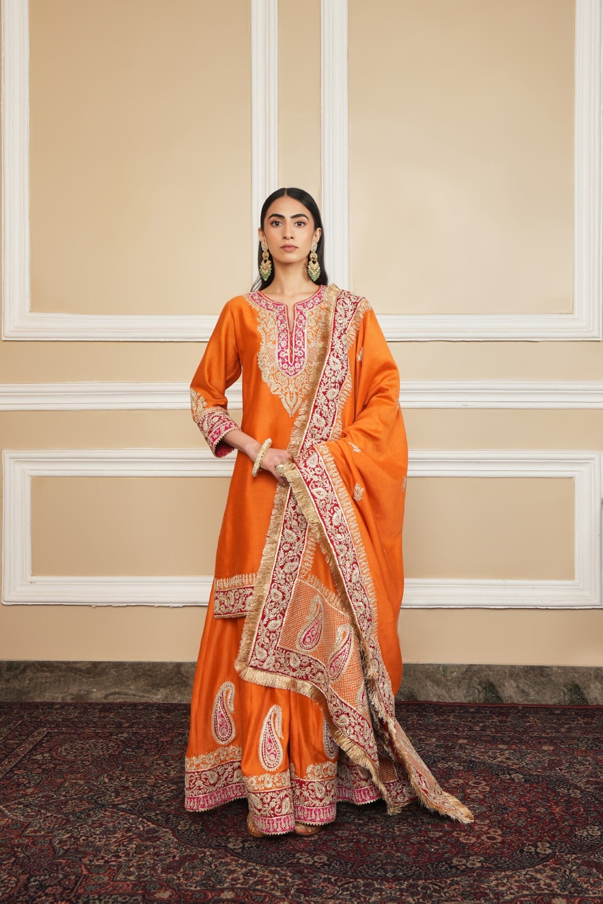 Women Orange Floral Short Kurta With Sharara Pants main image 1