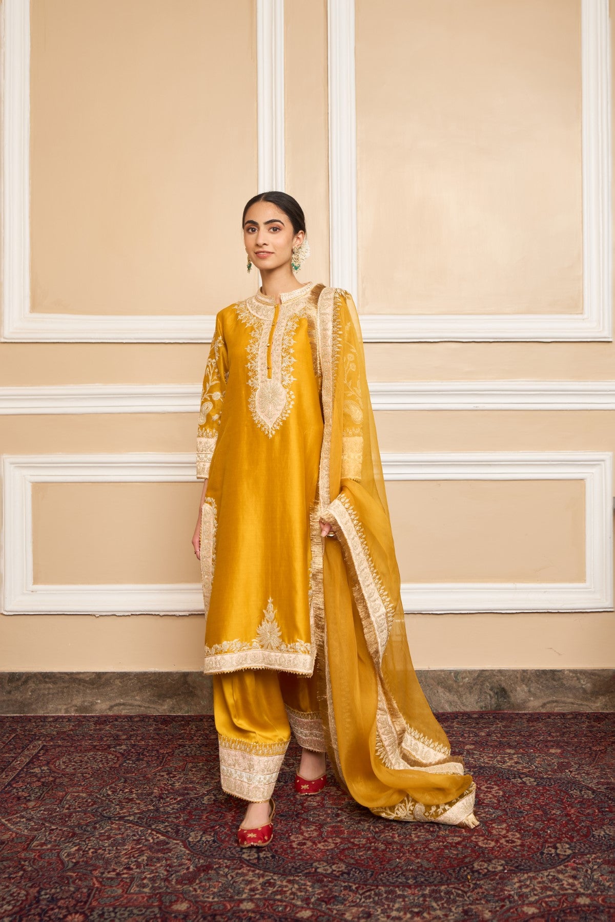 RUBINA DILAIK IN RESHAM - GLAZE MUSTARD SHORT KURTA WITH SALWAR AND DUPATTA