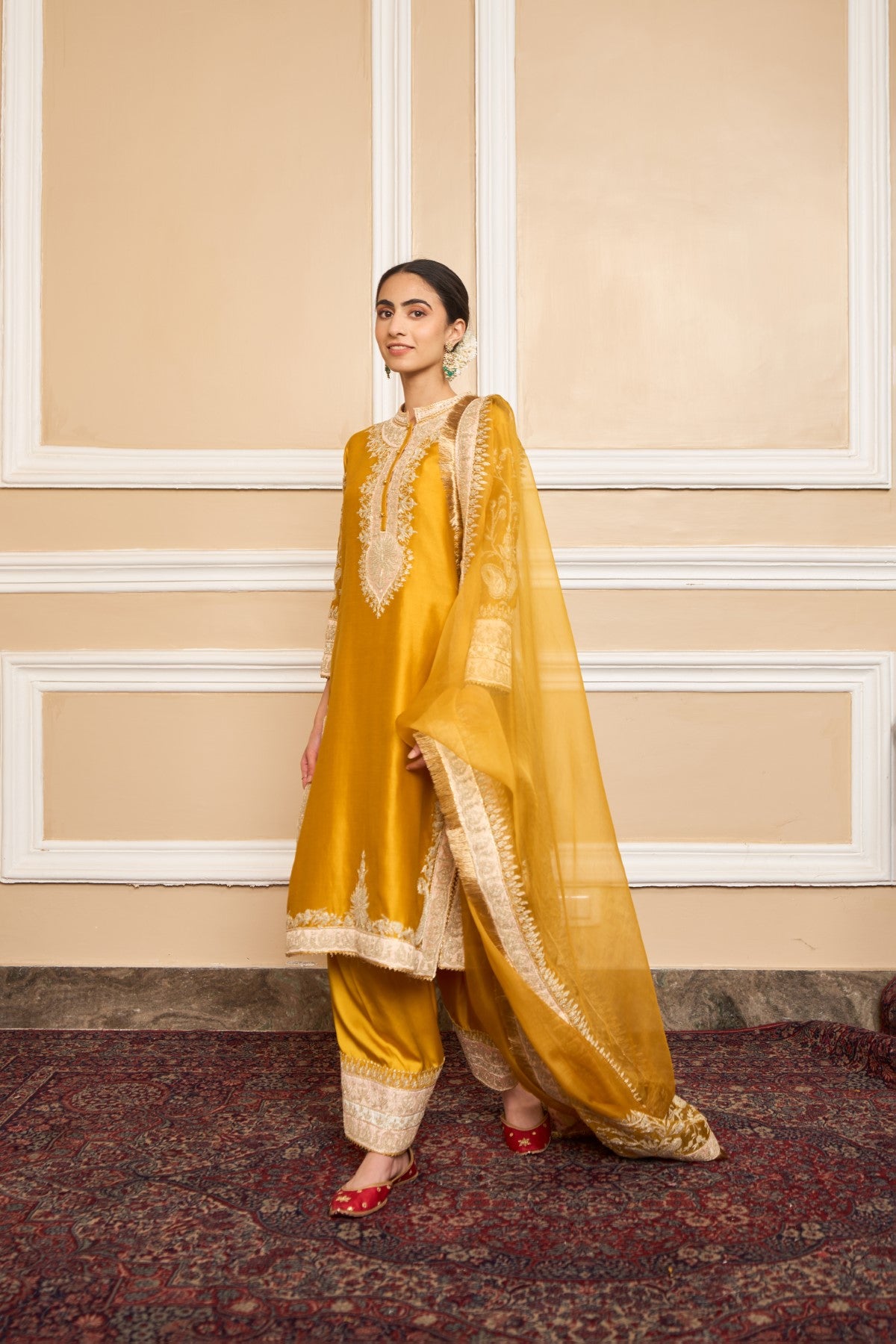 Samridhi Dhillon IN RESHAM - GLAZE MUSTARD SHORT KURTA WITH SALWAR AND DUPATTA