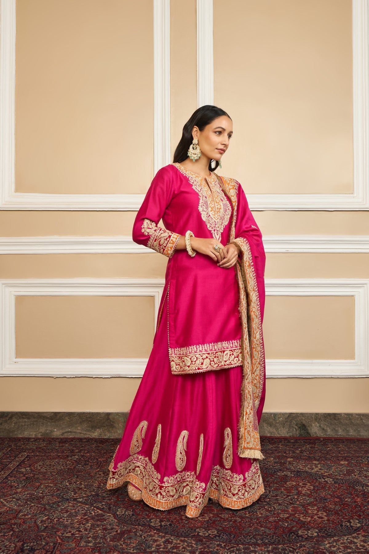 AMIRA - HOTPINK SHORT KURTA WITH SHARARA AND ODHNI (RTS)